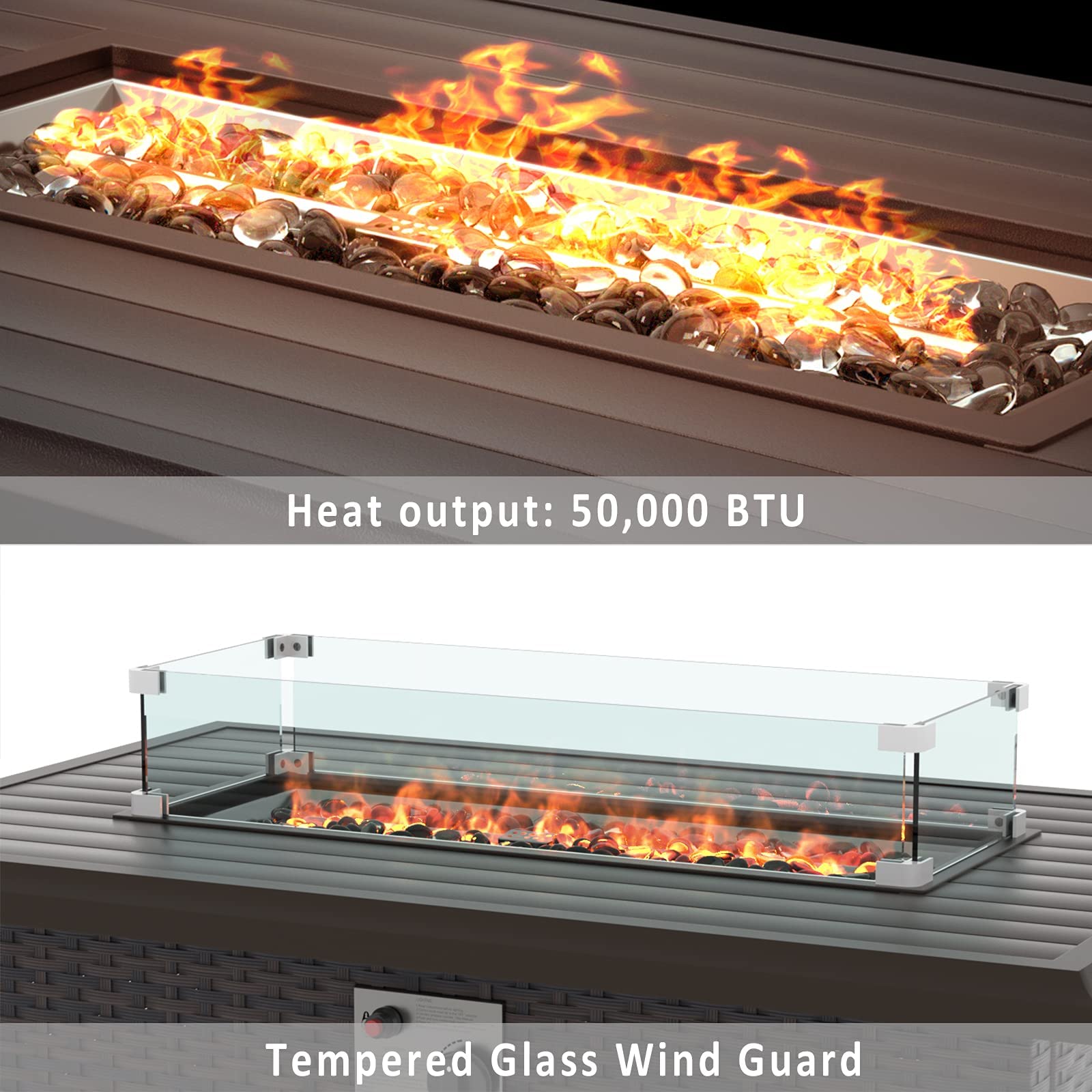 Kullavik Outdoor Propane Gas Fire Pit Table 43'', 55,000 BTU with Rectangular Tabletop, Auto-Ignition, Adjustable Flame,Glass Wind Guard,Brown PE Rattan & ETL,campingessentials,outdoorfurnitureset,campinggear