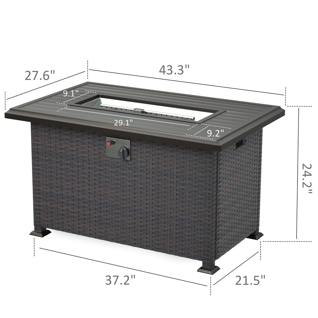 Kullavik Outdoor Propane Gas Fire Pit Table 43'', 55,000 BTU with Rectangular Tabletop, Auto-Ignition, Adjustable Flame,Glass Wind Guard,Brown PE Rattan & ETL,campingessentials,outdoorfurnitureset,campinggear