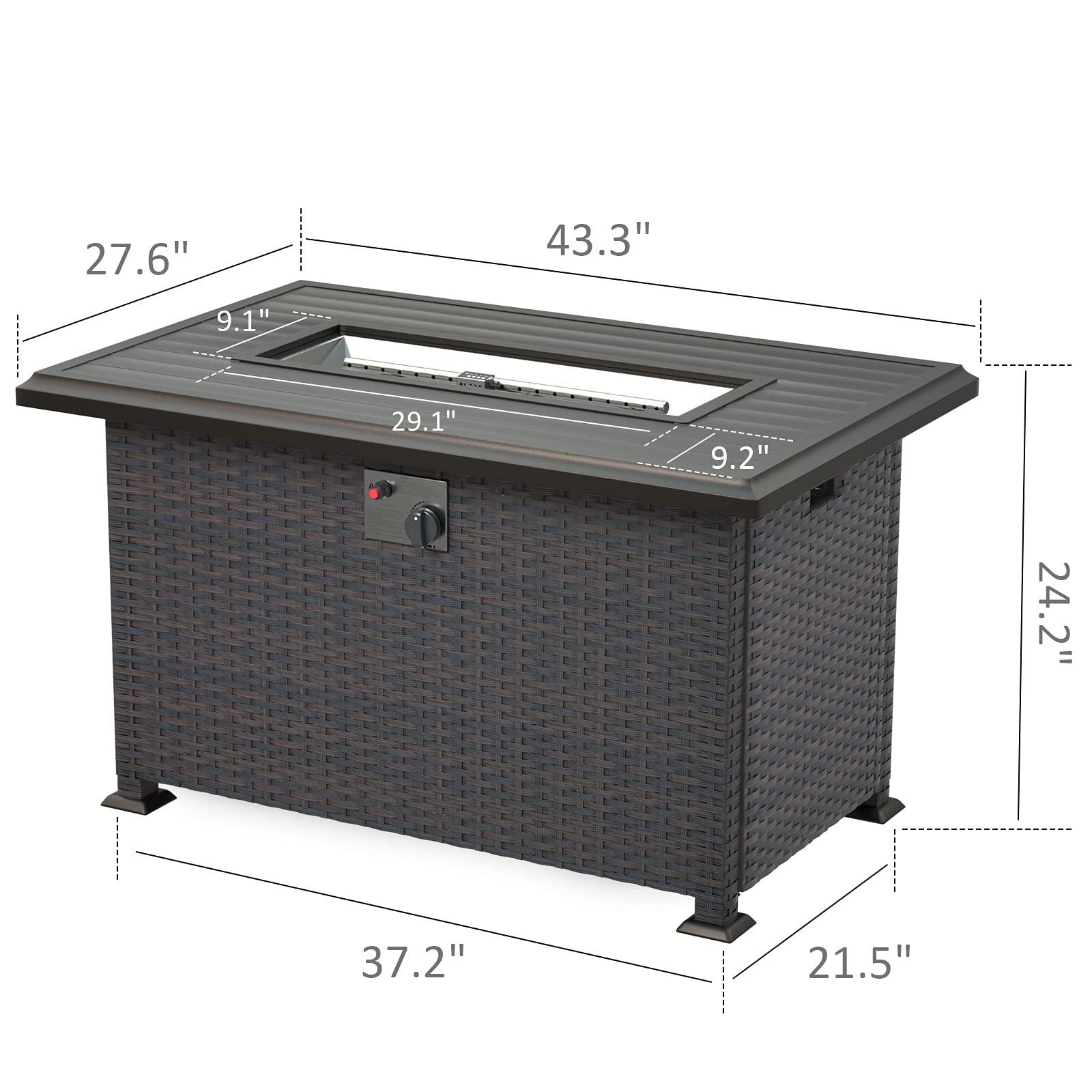 Kullavik Outdoor Propane Gas Fire Pit Table 43'', 55,000 BTU with Rectangular Tabletop, Auto-Ignition, Adjustable Flame,Glass Wind Guard,Brown PE Rattan & ETL,campingessentials,outdoorfurnitureset,campinggear