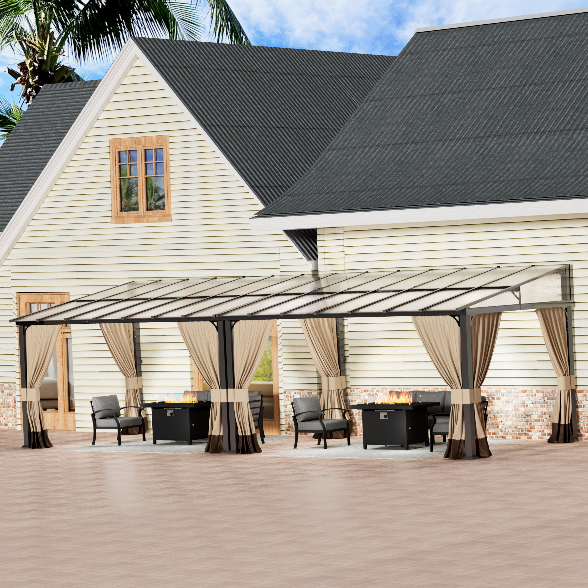 ASJMR Wall Mounted Gazebo with Polycarbonate Roof,Metal Frame Lean to Gazebo With Double Curtains for Garden Lawn Backyard Deck