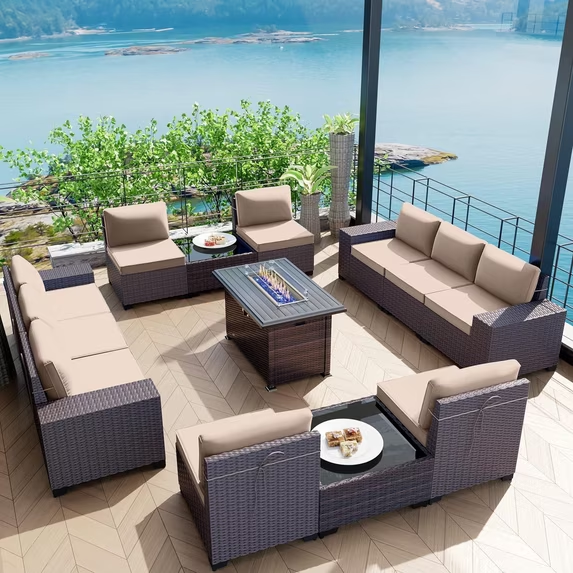 Gotland 13 Pieces Outdoor Patio Rattan Wicker Furniture Set with 43" Fire Pit Table Set Outdoor Steel