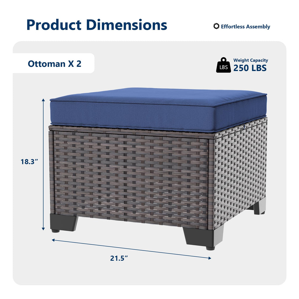Gotland 2 Pieces All Weather PE Rattan Outdoor Ottoman Foot Stool with Thick Removable Navy Cushion for Backyard, Deck, Porch & Poolside
