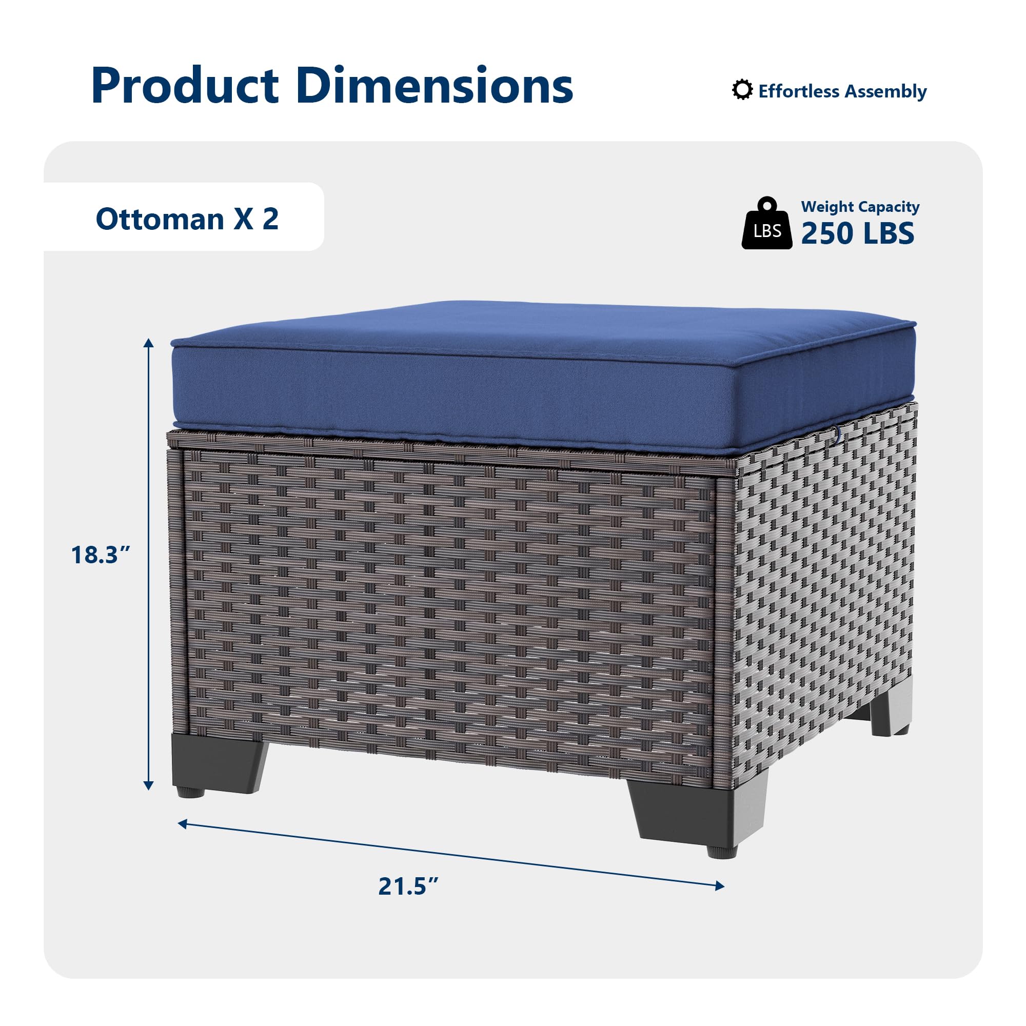 Gotland 2 Pieces All Weather PE Rattan Outdoor Ottoman Foot Stool with Thick Removable Navy Cushion for Backyard, Deck, Porch & Poolside
