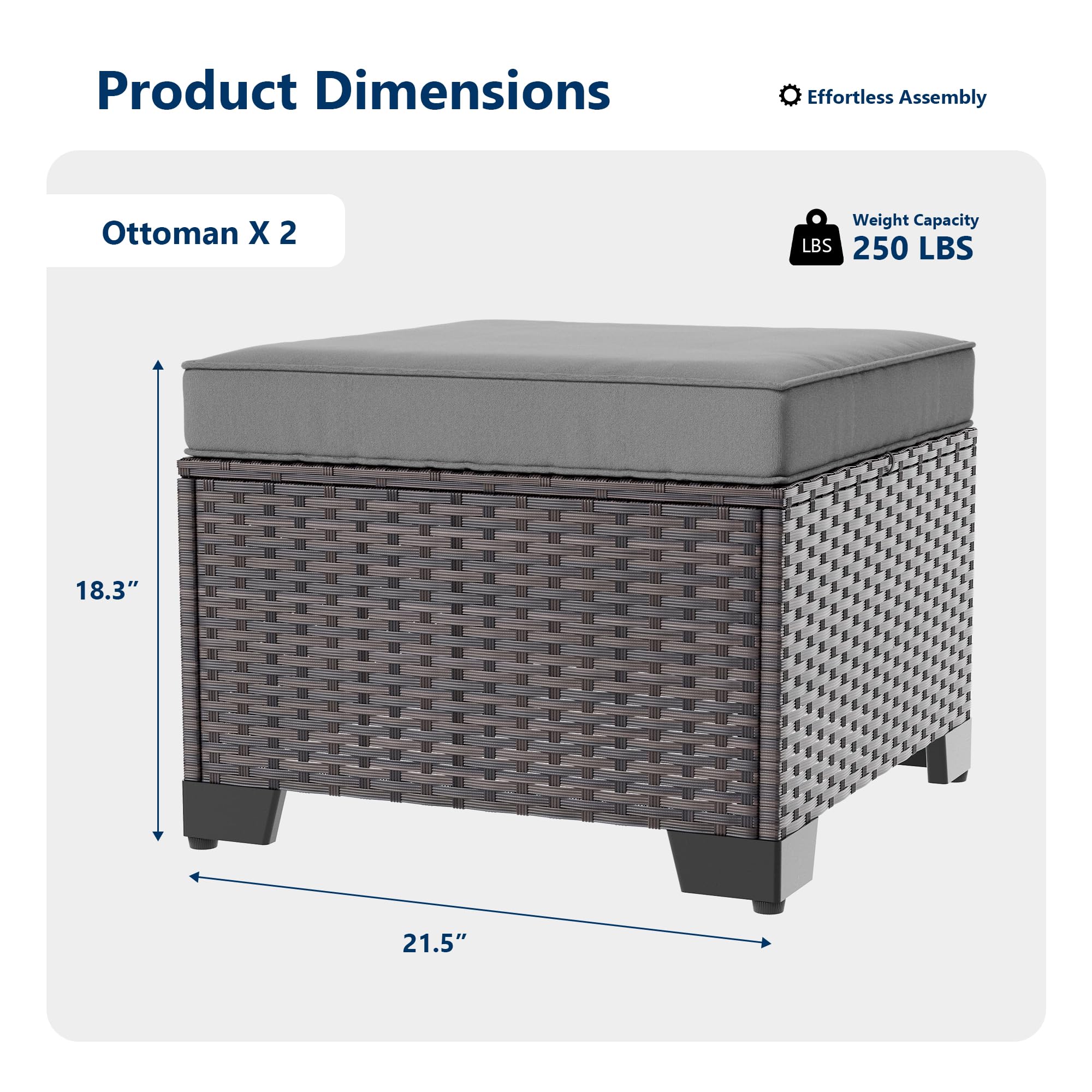Gotland 2 Pieces All Weather PE Rattan Outdoor Ottoman Foot Stool with Thick Removable Navy Cushion for Backyard, Deck, Porch & Poolside