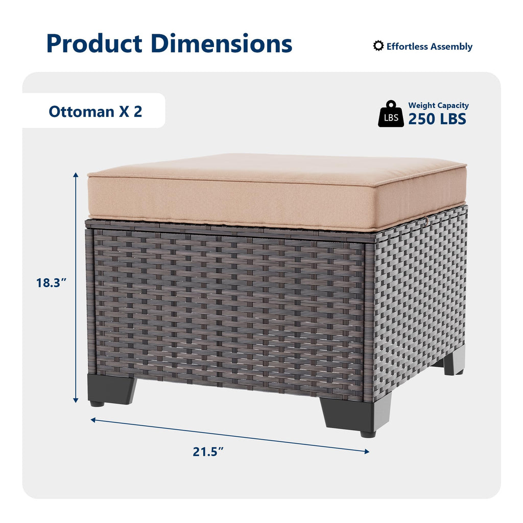 Gotland 2 Pieces All Weather PE Rattan Outdoor Ottoman Foot Stool with Thick Removable Navy Cushion for Backyard, Deck, Porch & Poolside