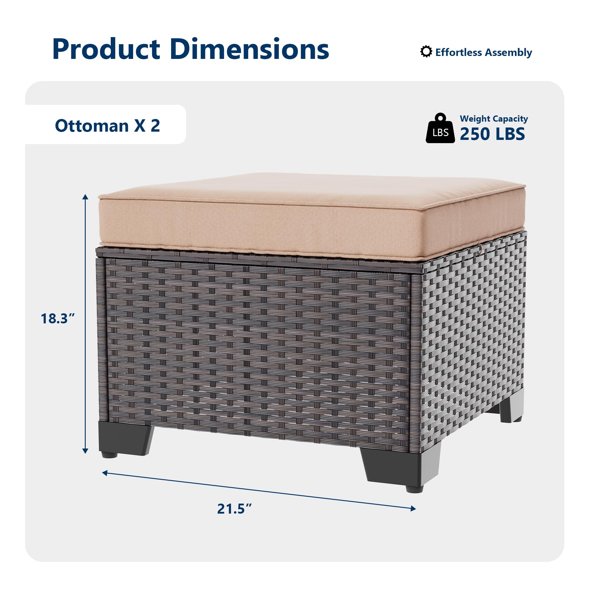 Gotland 2 Pieces All Weather PE Rattan Outdoor Ottoman Foot Stool with Thick Removable Navy Cushion for Backyard, Deck, Porch & Poolside