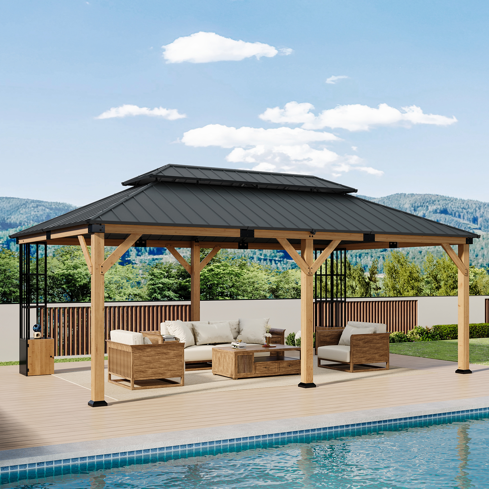 Gotland 12' x 20' Hardtop Gazebo, Outdoor Galvanized Steel Double-Roof Gazebo with Curtains and Netting for Patios, Gardens, and Lawns