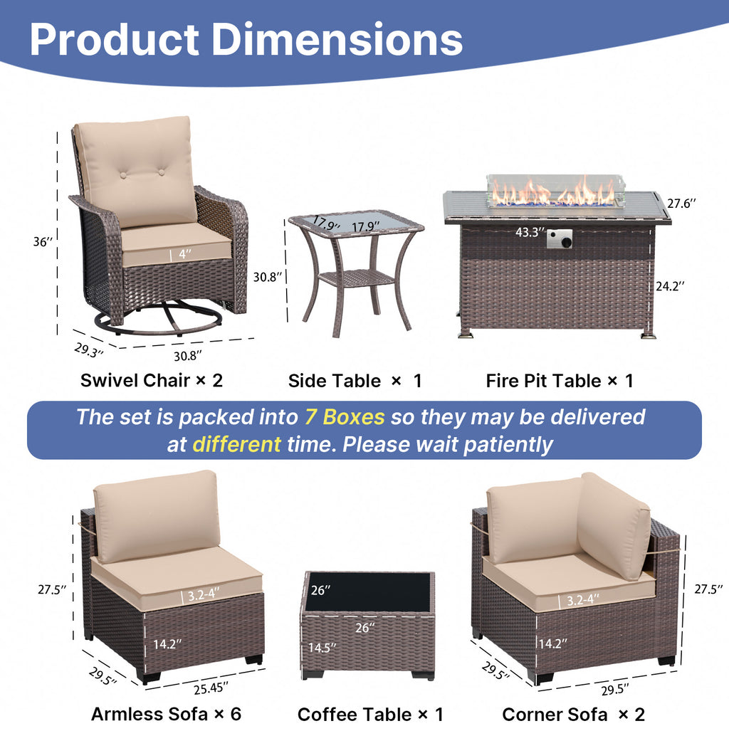 13 Pieces Outdoor Patio Furniture Set,Outdoor Sectional Furniture with 43" 55000 BTU Gas Propane Fire Pit Table,PE Rattan Wicker Patio Conversation Set,Swivel Rocking Chairs Set