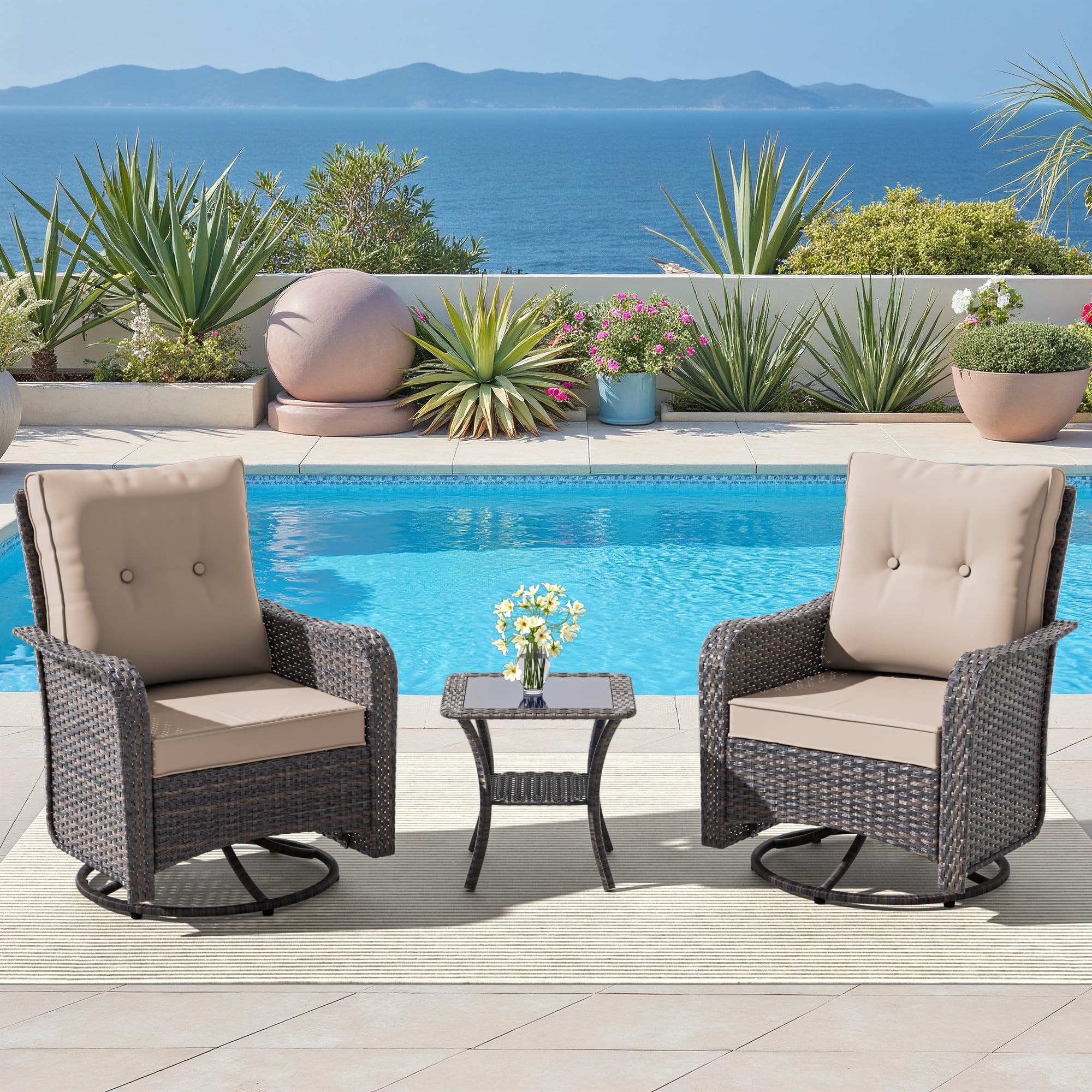 Kullavik 3-Piece Patio Sofa Set, Outdoor Furniture with 4-in Thick Cushions, 360-Degree Swivel Rocking Chairs and Rattan Side Table for Garden, Porch,summerwins