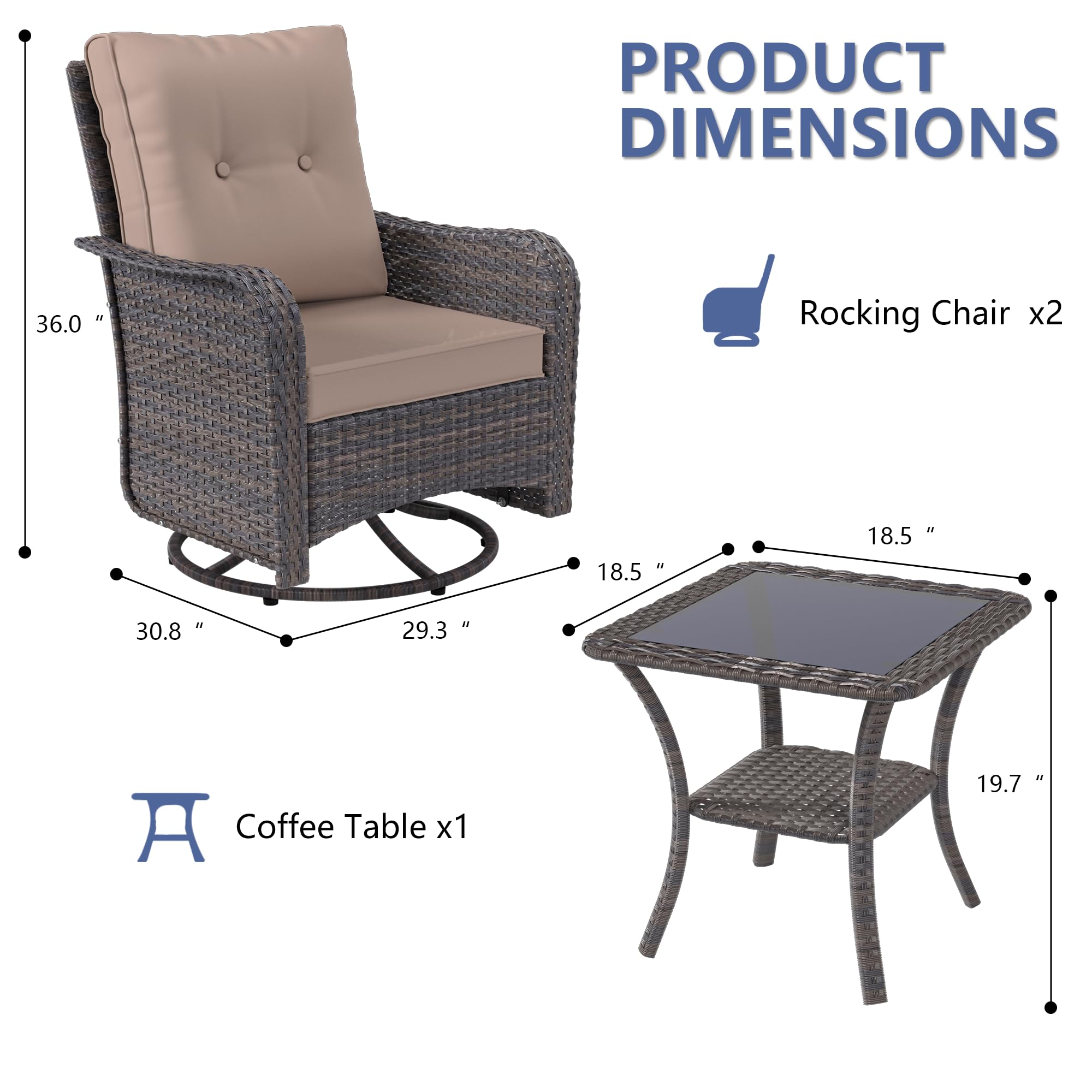 Kullavik 3-Piece Patio Sofa Set, Outdoor Furniture with 4-in Thick Cushions, 360-Degree Swivel Rocking Chairs and Rattan Side Table for Garden, Porch,summerwins