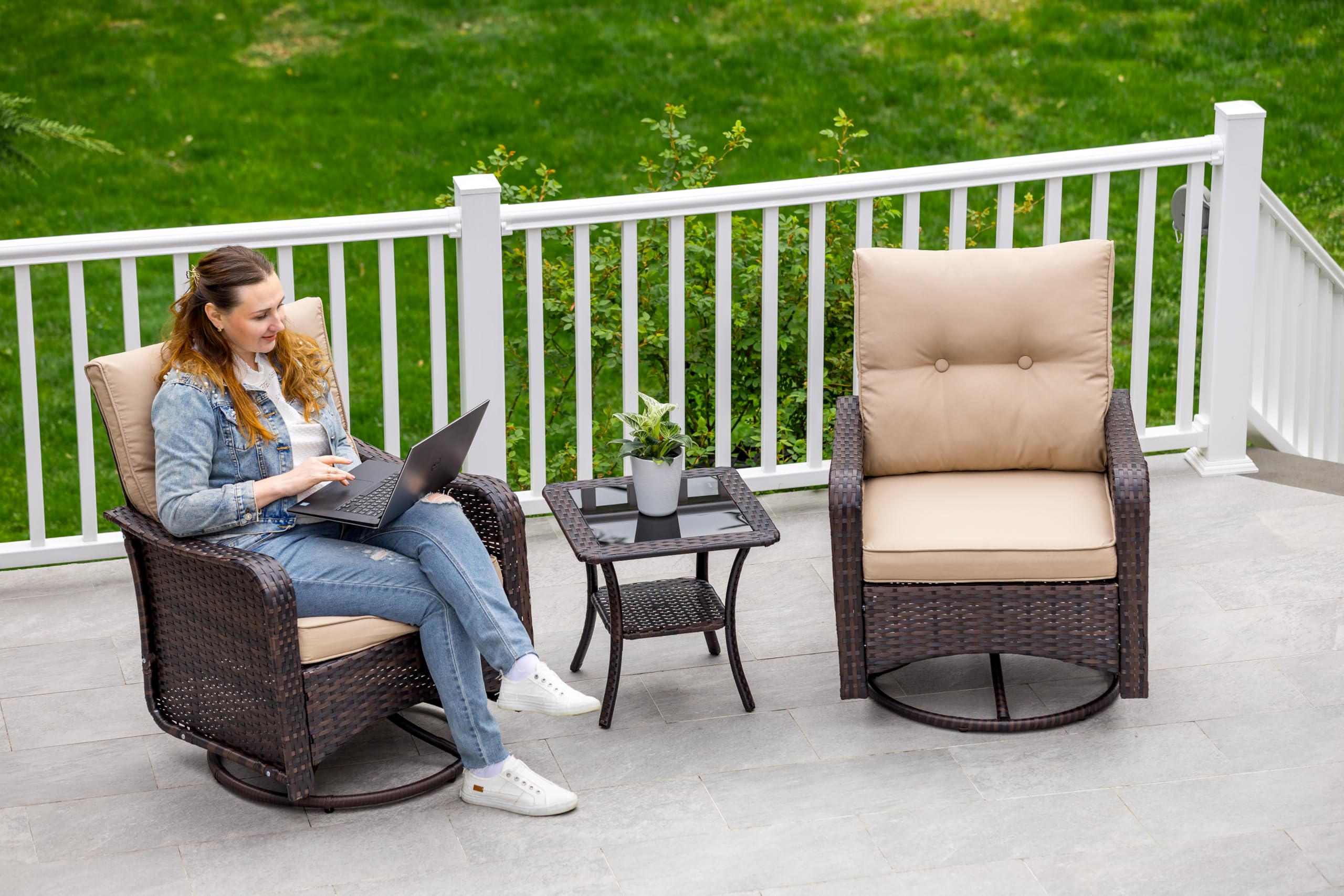 Kullavik 3-Piece Patio Sofa Set, Outdoor Furniture with 4-in Thick Cushions, 360-Degree Swivel Rocking Chairs and Rattan Side Table for Garden, Porch,summerwins