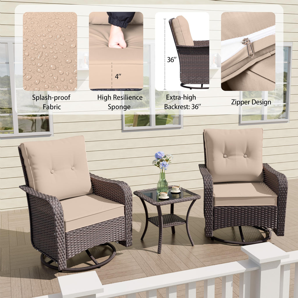 Kullavik 3-Piece Patio Sofa Set, Outdoor Furniture with 4-in Thick Cushions, 360-Degree Swivel Rocking Chairs and Rattan Side Table for Garden, Porch,summerwins