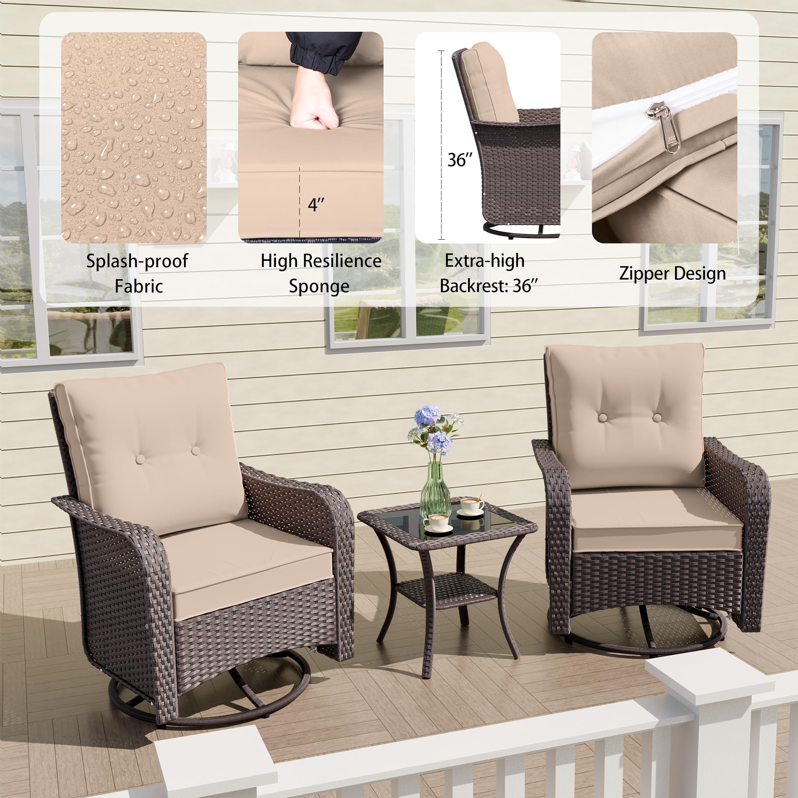 Kullavik 3-Piece Patio Sofa Set, Outdoor Furniture with 4-in Thick Cushions, 360-Degree Swivel Rocking Chairs and Rattan Side Table for Garden, Porch,summerwins