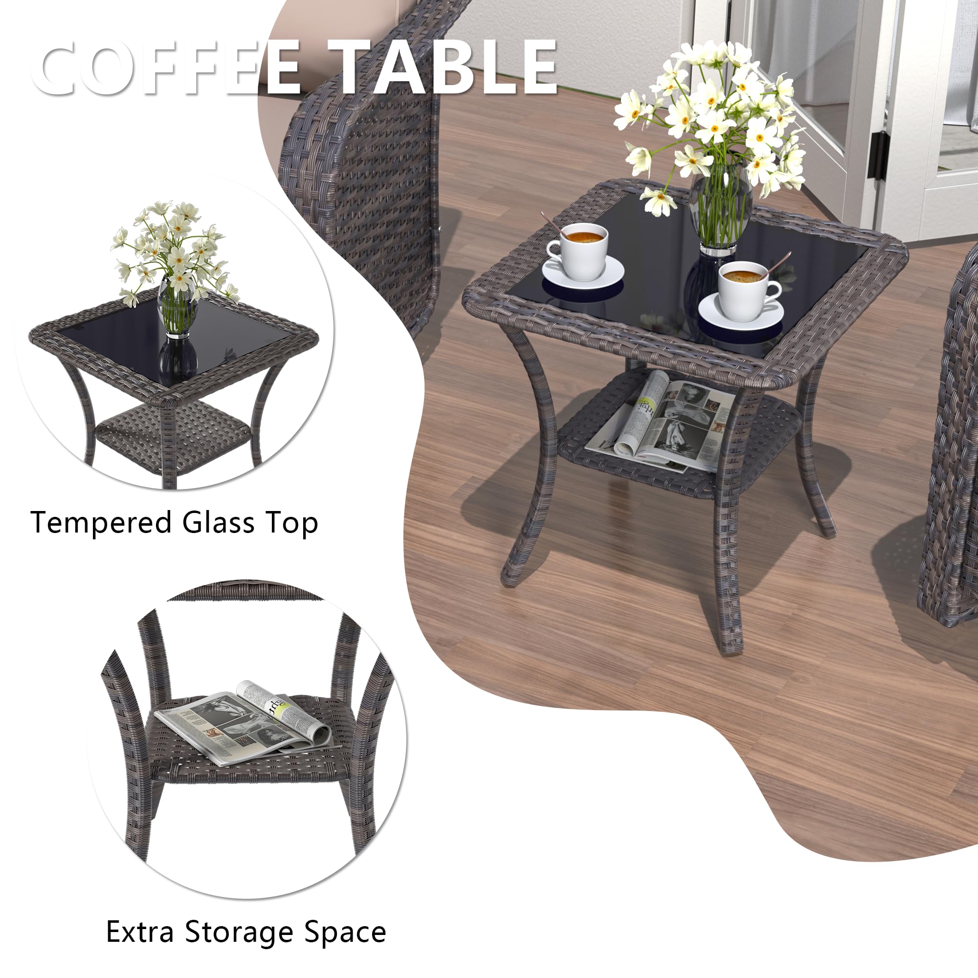 Kullavik 3-Piece Patio Sofa Set, Outdoor Furniture with 4-in Thick Cushions, 360-Degree Swivel Rocking Chairs and Rattan Side Table for Garden, Porch,summerwins