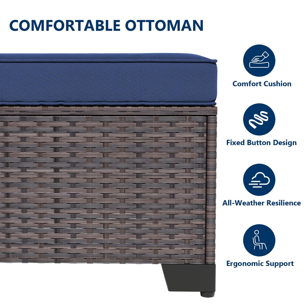 Gotland 2 Pieces All Weather PE Rattan Outdoor Ottoman Foot Stool with Thick Removable Navy Cushion for Backyard, Deck, Porch & Poolside