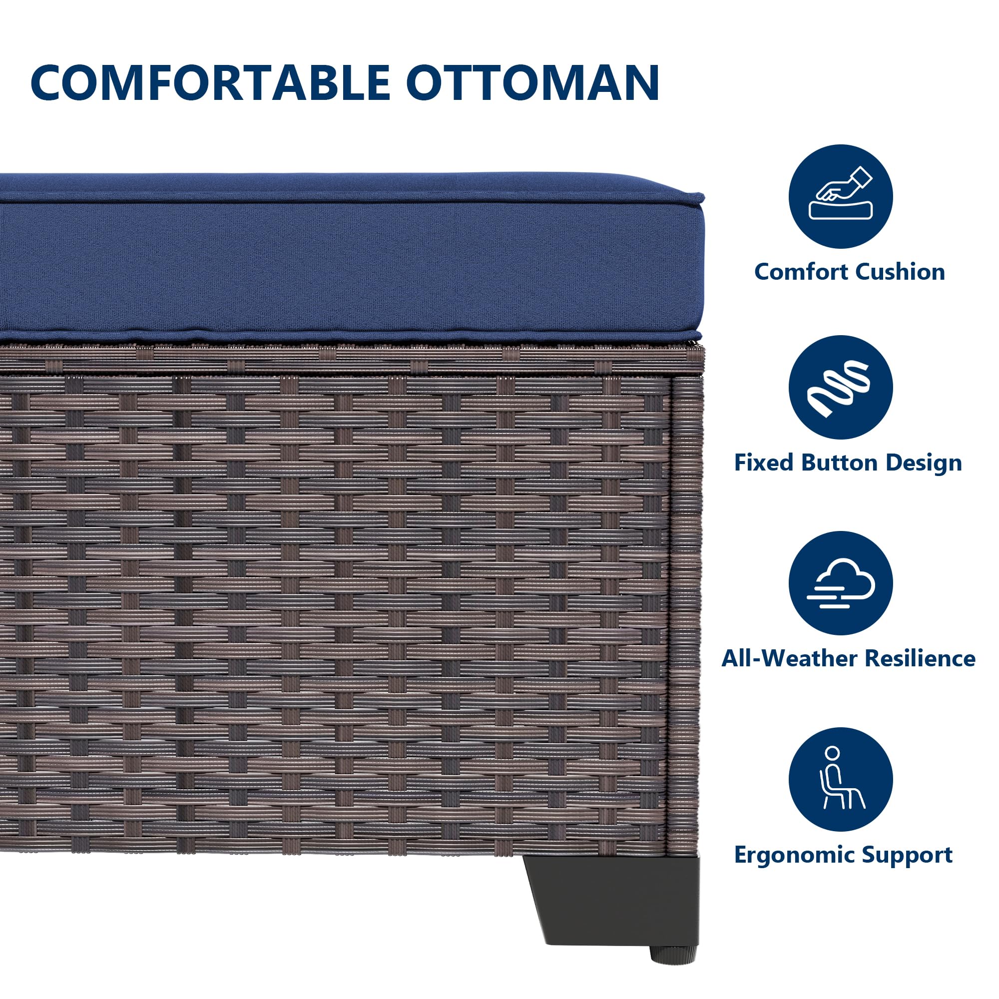 Gotland 2 Pieces All Weather PE Rattan Outdoor Ottoman Foot Stool with Thick Removable Navy Cushion for Backyard, Deck, Porch & Poolside
