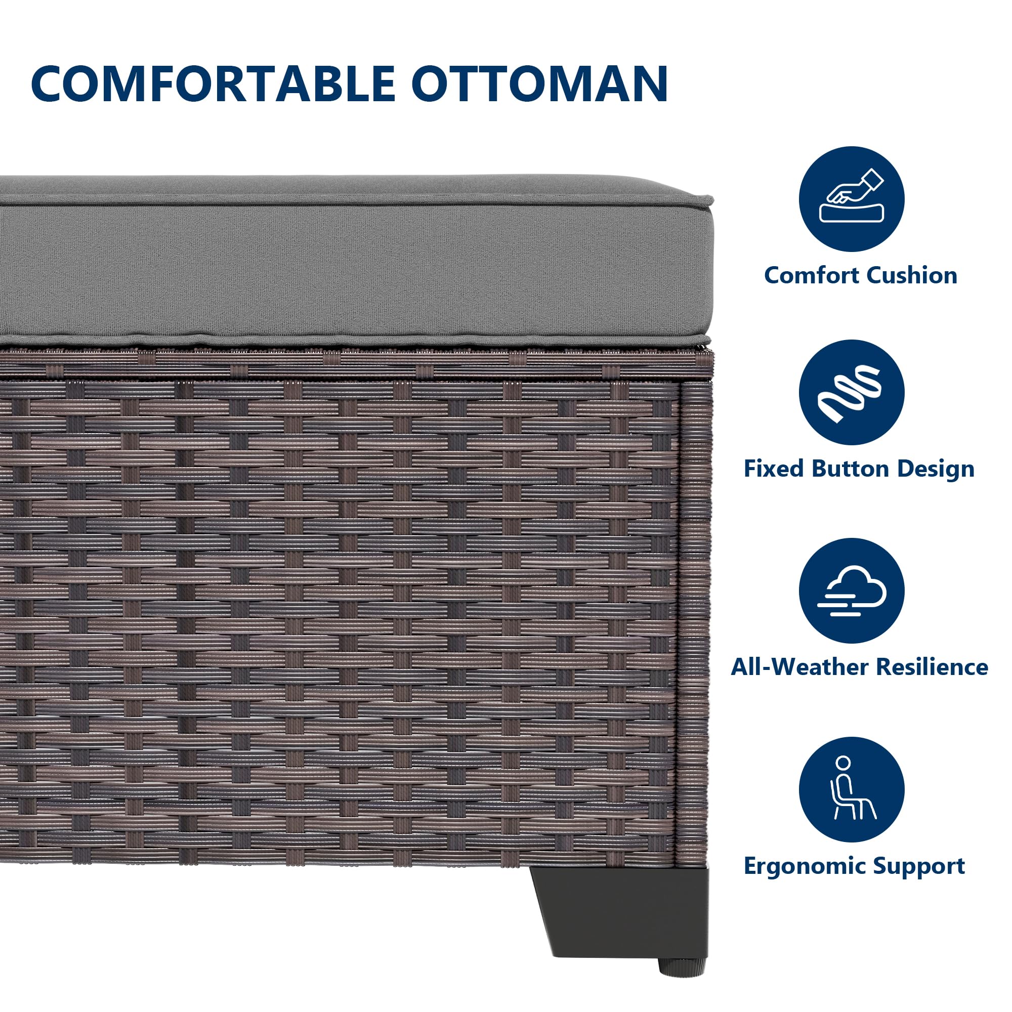 Gotland 2 Pieces All Weather PE Rattan Outdoor Ottoman Foot Stool with Thick Removable Navy Cushion for Backyard, Deck, Porch & Poolside