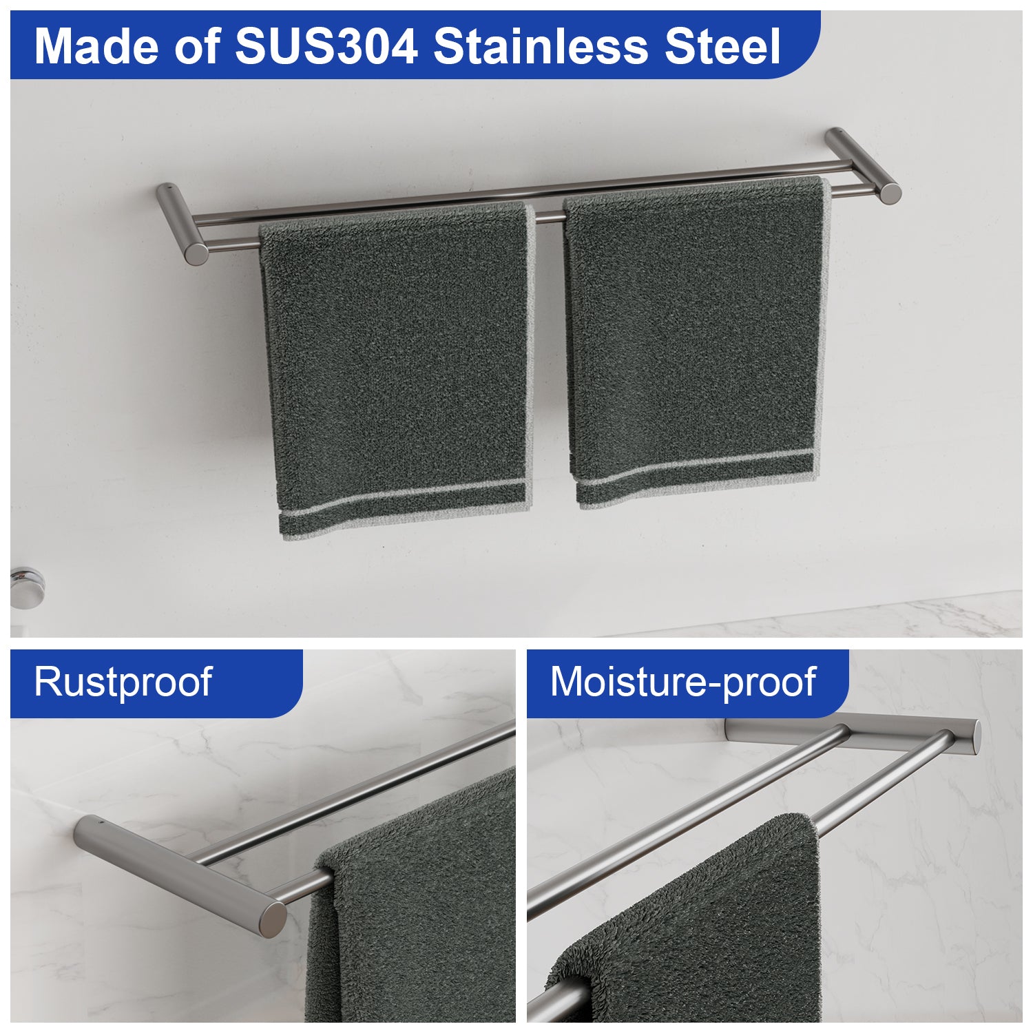 ALAULM Bath Stainless Stee Double Towel Bar, 23" Towel Rack for Bathroom, Wall Mounted Towel Holder, Double Towel Rod Towel Rail Hanger for Wall