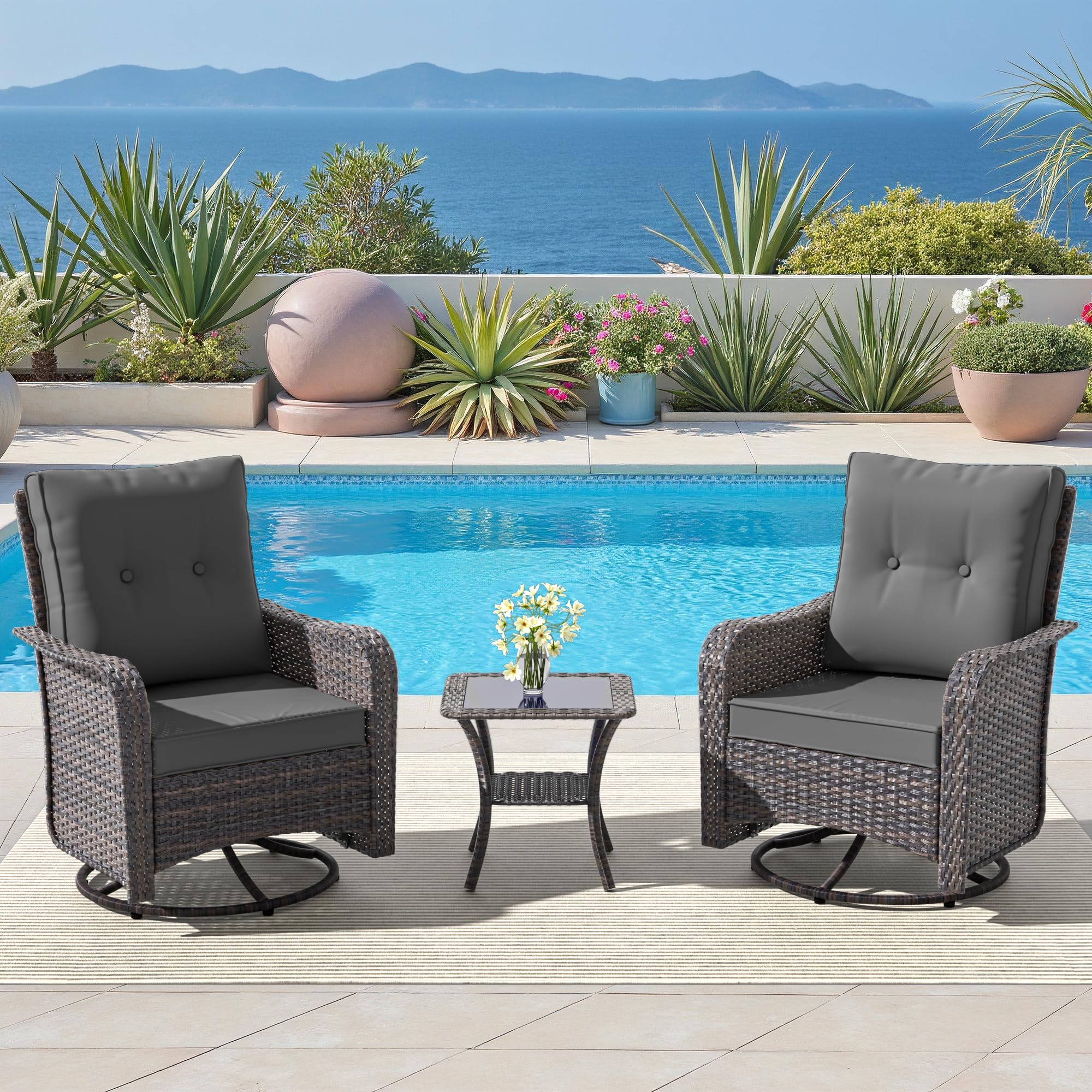 Kullavik 3-Piece Patio Sofa Set, Outdoor Furniture with 4-in Thick Cushions, 360-Degree Swivel Rocking Chairs and Rattan Side Table for Garden, Porch,summerwins