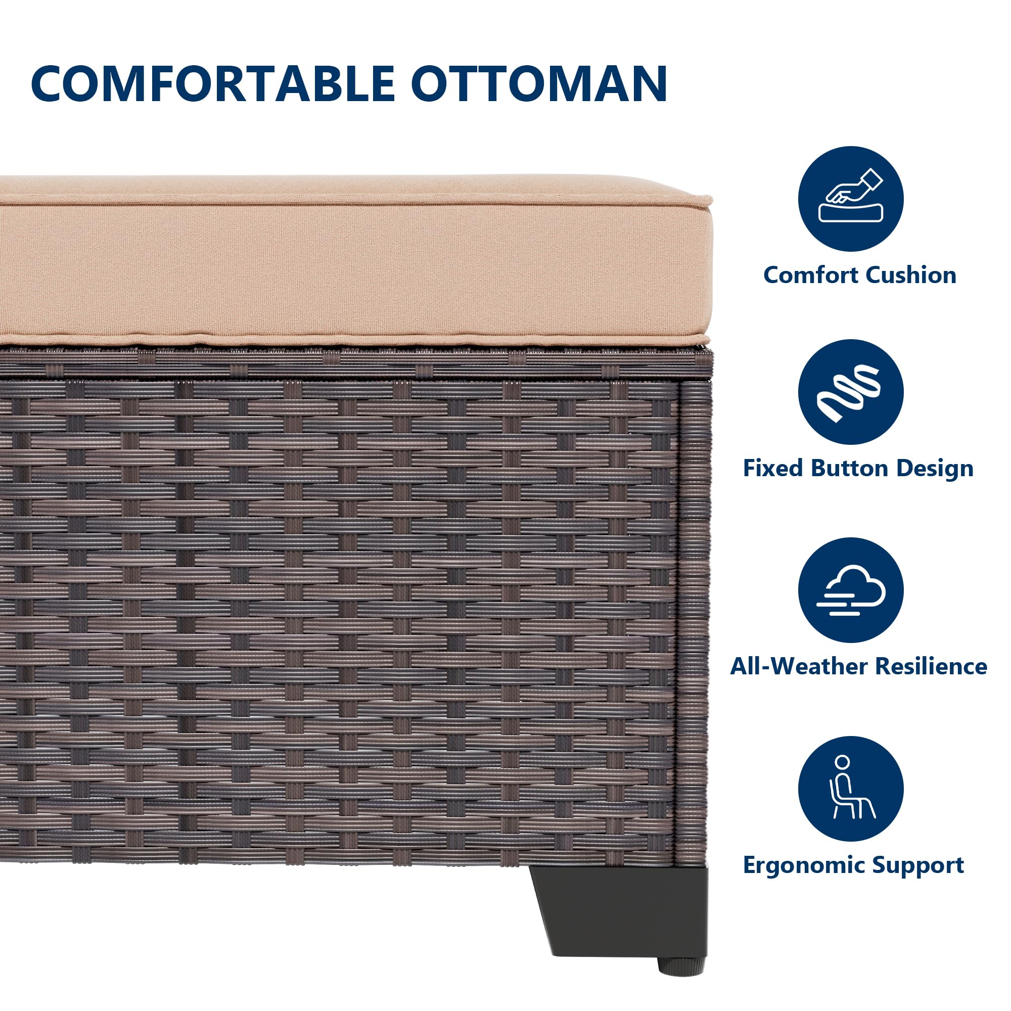 Gotland 2 Pieces All Weather PE Rattan Outdoor Ottoman Foot Stool with Thick Removable Navy Cushion for Backyard, Deck, Porch & Poolside