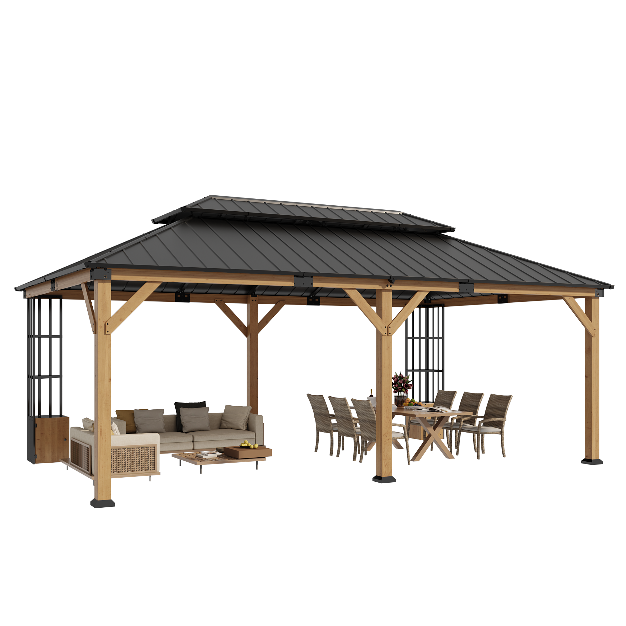Gotland 12' x 20' Hardtop Gazebo, Outdoor Galvanized Steel Double-Roof Gazebo with Curtains and Netting for Patios, Gardens, and Lawns