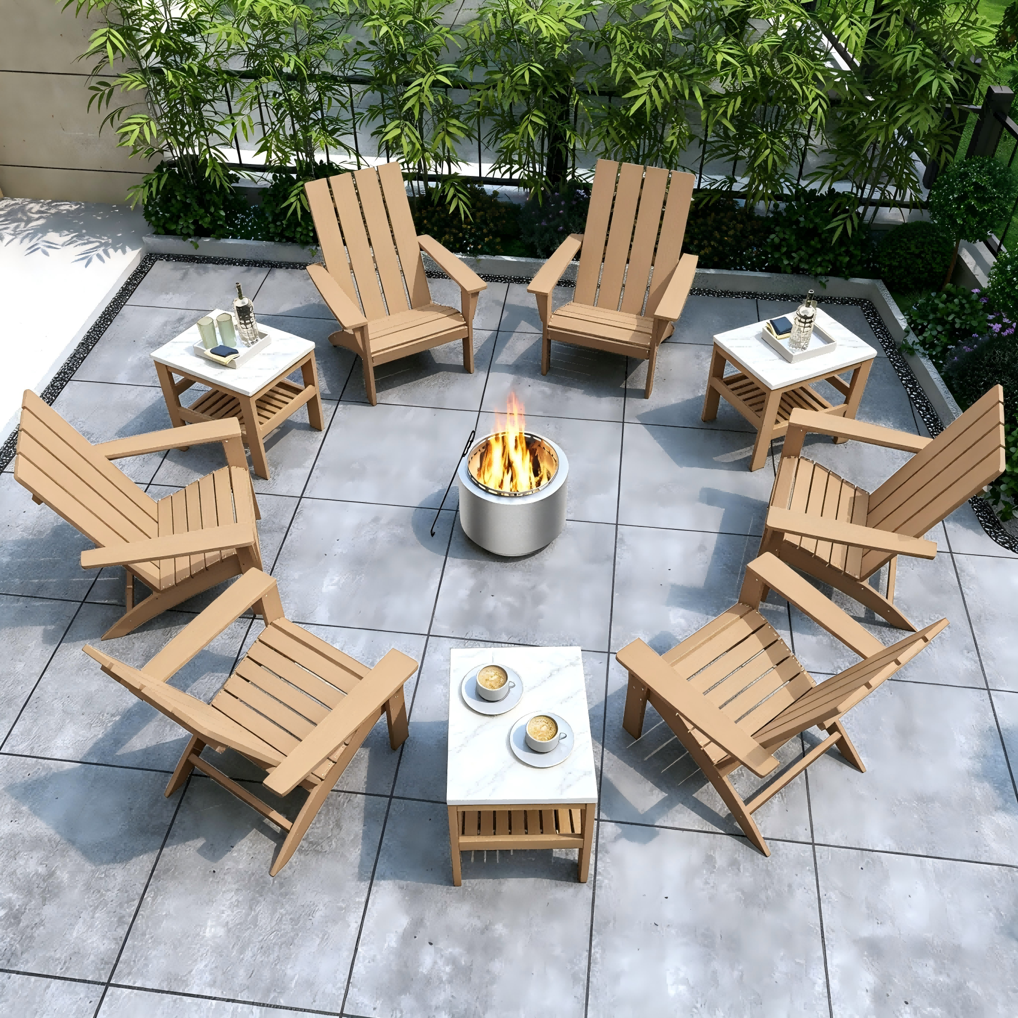 ALAULM 9PCS Adirondack Chair Set & 19" Smokeless Stove, Outdoor HDPE All-Weather Chairs with Marble Top Side Table, Fire Pit Comes with Waterproof Cover and Fire Poker, for Patio Garden, Brown