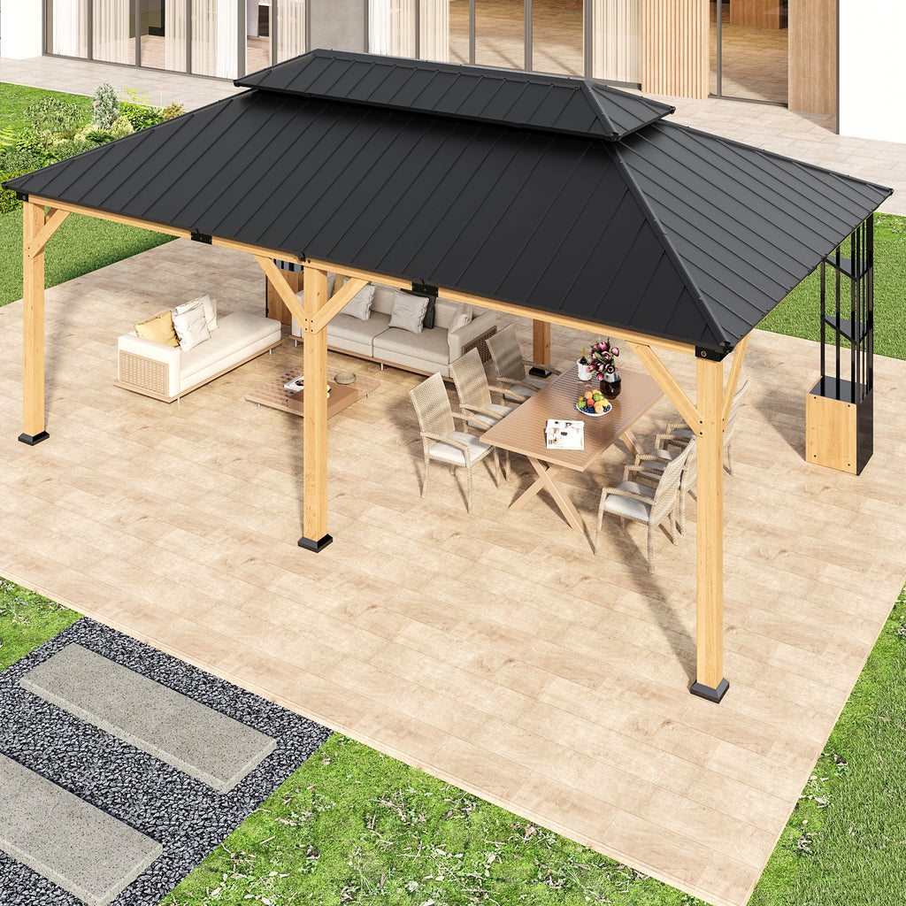 Gotland 12' x 20' Hardtop Gazebo, Outdoor Galvanized Steel Double-Roof Gazebo with Curtains and Netting for Patios, Gardens, and Lawns