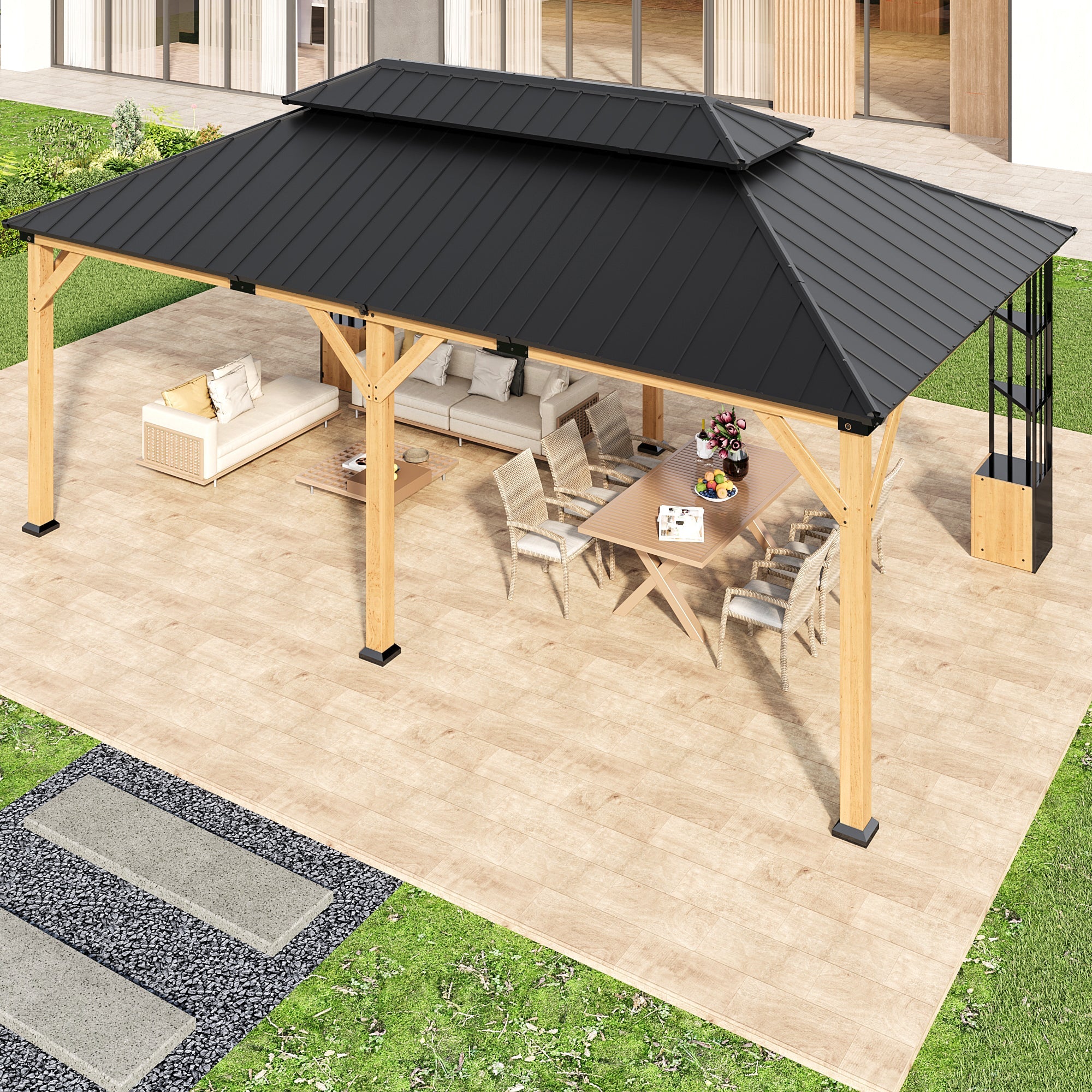 Gotland 12' x 20' Hardtop Gazebo, Outdoor Galvanized Steel Double-Roof Gazebo with Curtains and Netting for Patios, Gardens, and Lawns