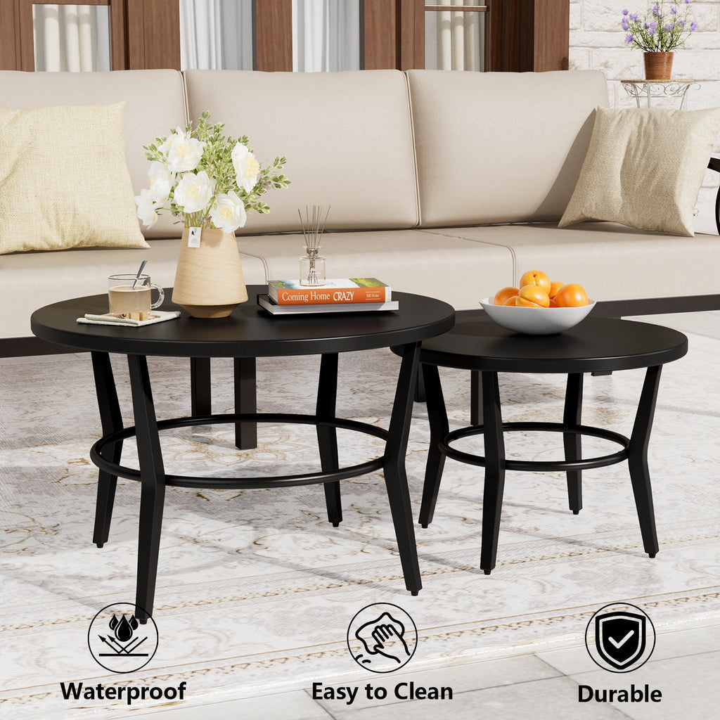 ALAULM Outdoor Black Nesting Round Coffee Table Set, 2PCS Space-Saving Solution for Patio, poolside & porch