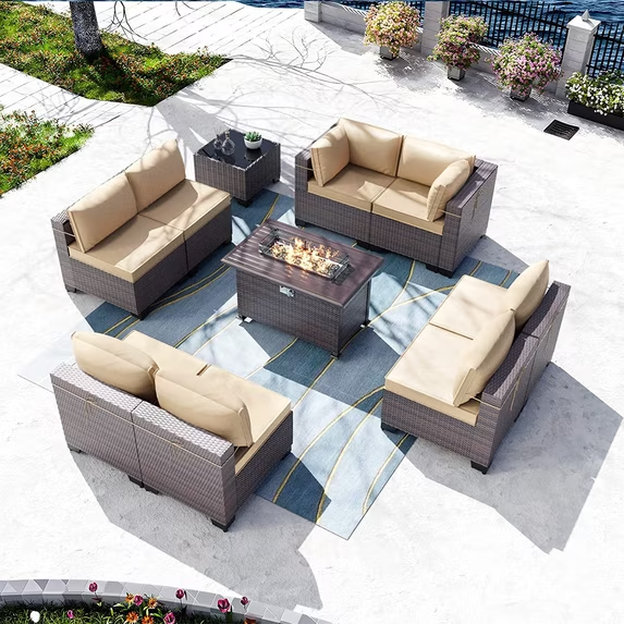 Gotland Outdoor Patio PE Rattan Wicker Furniture Set with 43" Propane Fire Pit Table 10 Pieces Steel