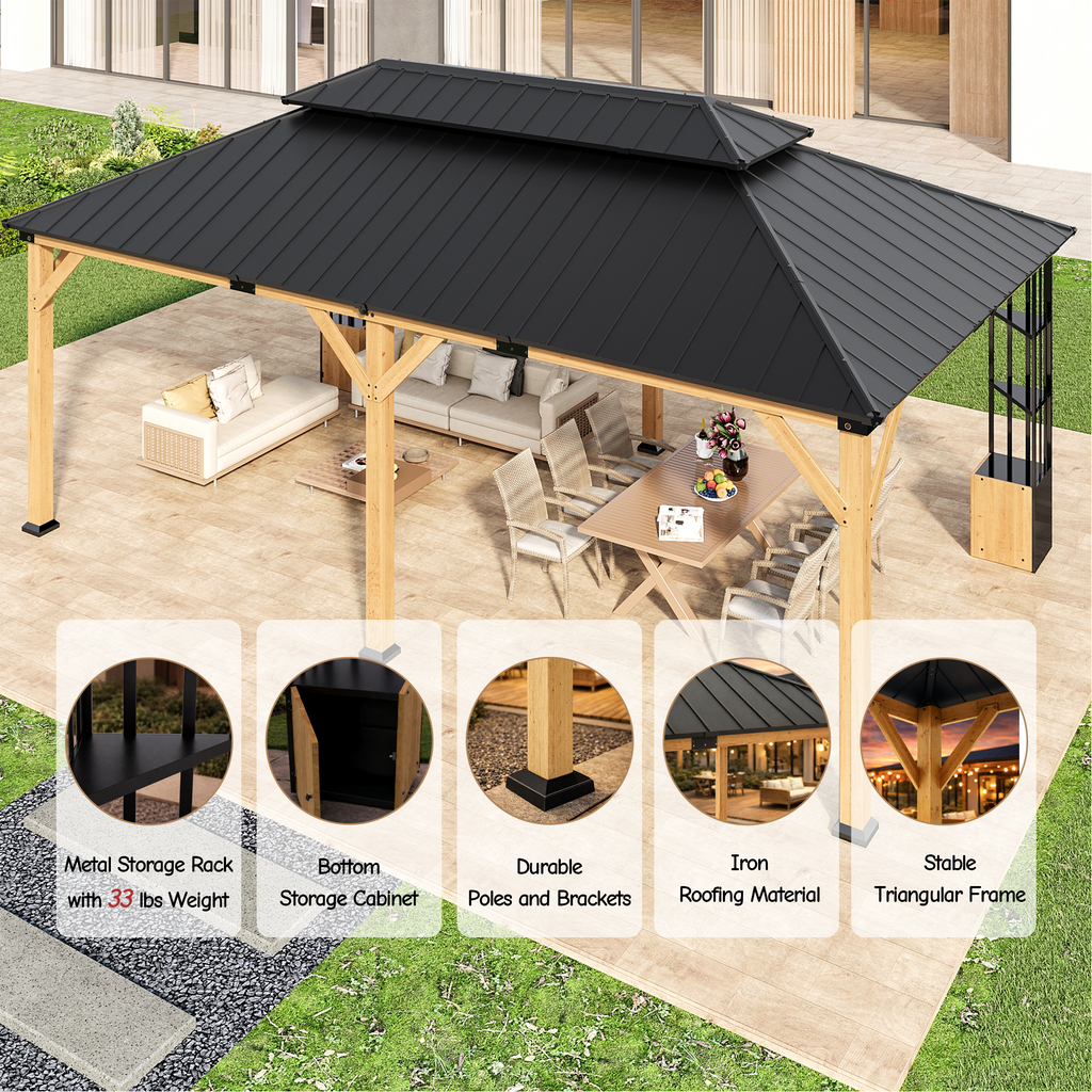 Gotland 12' x 20' Hardtop Gazebo, Outdoor Galvanized Steel Double-Roof Gazebo with Curtains and Netting for Patios, Gardens, and Lawns