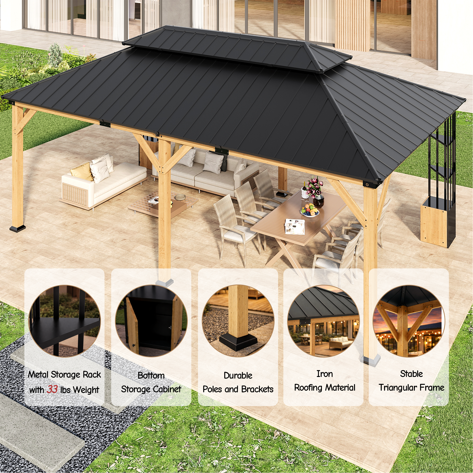 Gotland 12' x 20' Hardtop Gazebo, Outdoor Galvanized Steel Double-Roof Gazebo with Curtains and Netting for Patios, Gardens, and Lawns