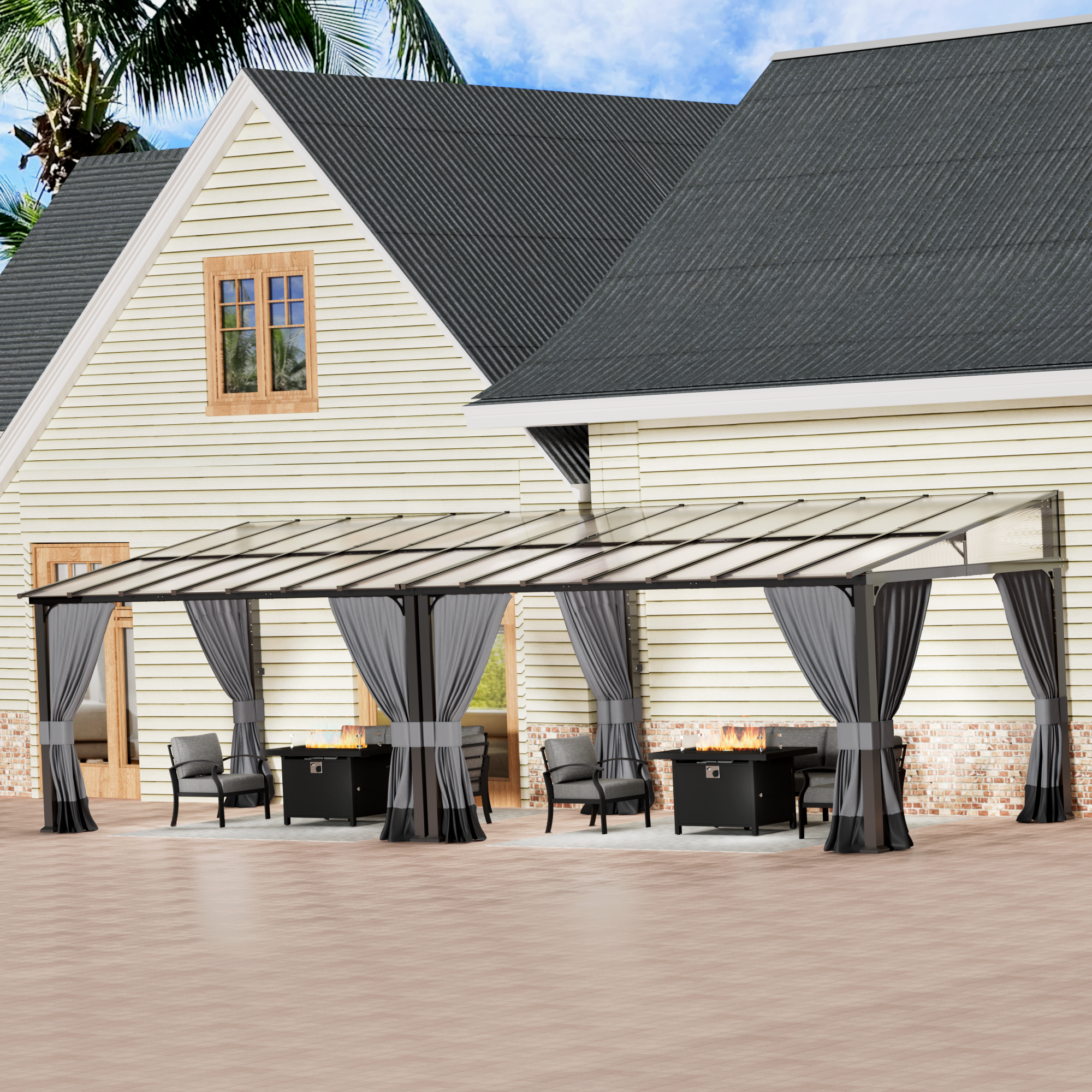 ASJMR Wall Mounted Gazebo with Polycarbonate Roof,Metal Frame Lean to Gazebo With Double Curtains for Garden Lawn Backyard Deck
