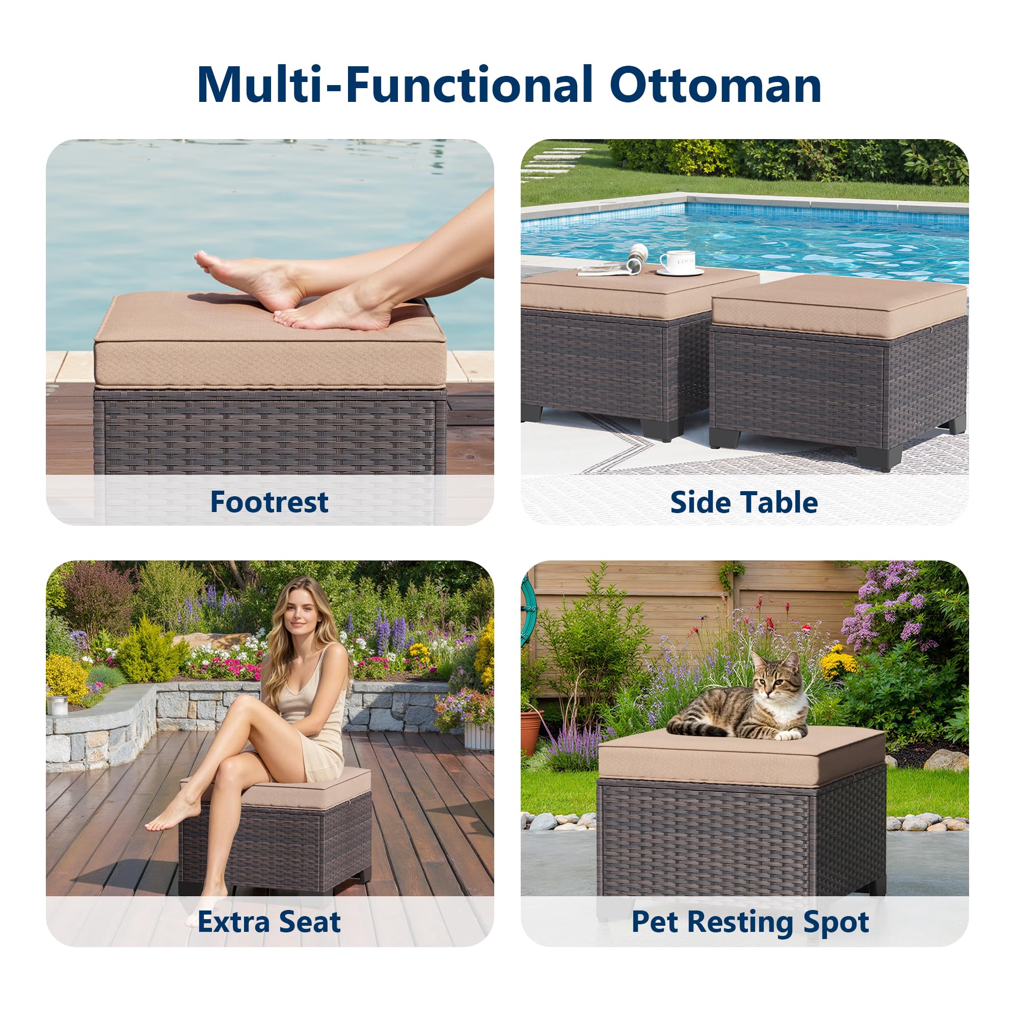 Gotland 2 Pieces All Weather PE Rattan Outdoor Ottoman Foot Stool with Thick Removable Navy Cushion for Backyard, Deck, Porch & Poolside