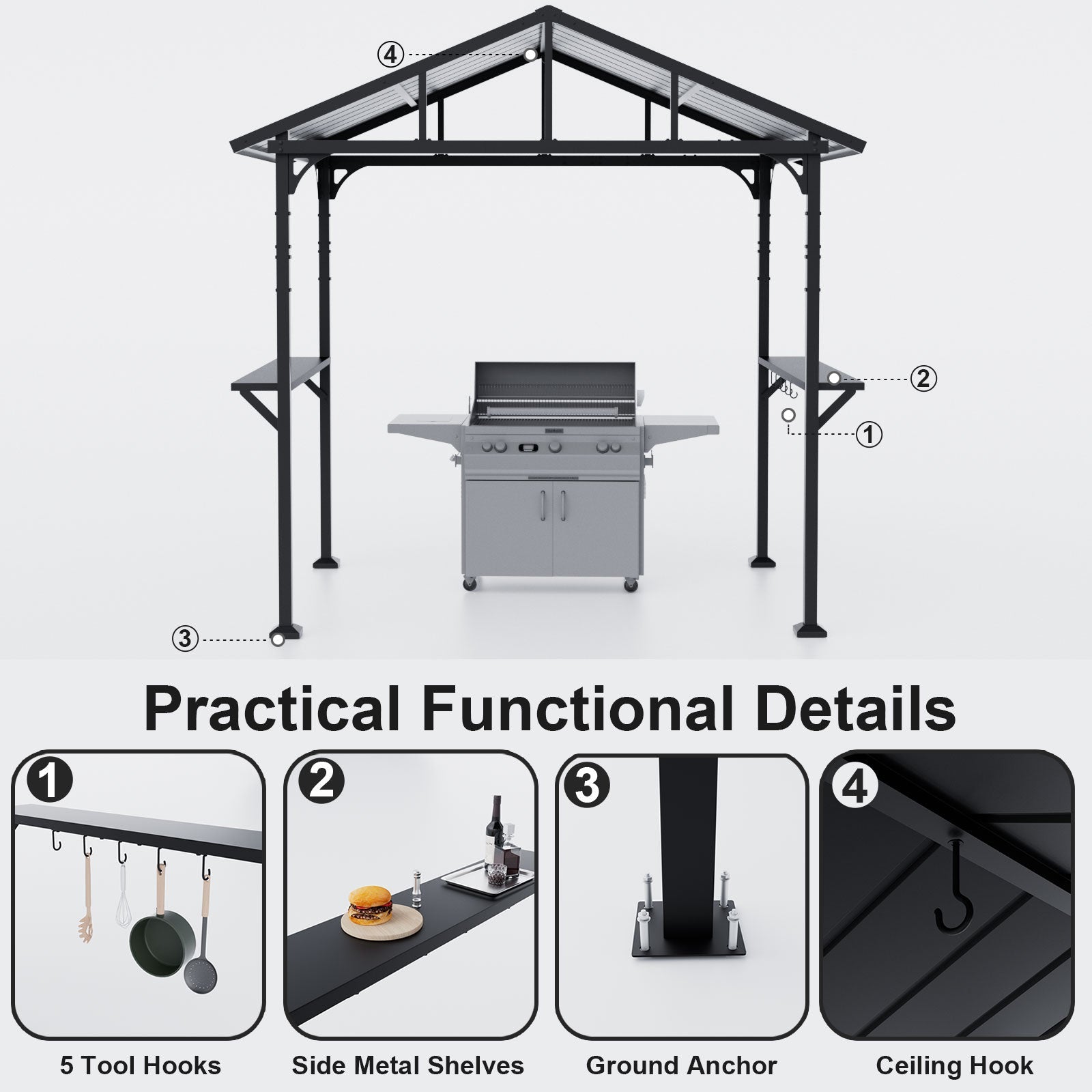 ALAULM 8'x5' Hardtop Grill Gazebo, Outdoor BBQ Canopy with 19" Smokeless Stove, Metal Roof, 2 Side Shelves & 5 Tool Hooks, Fire Pit Includes Waterproof Cover & Fire Poker, for Patio, Black