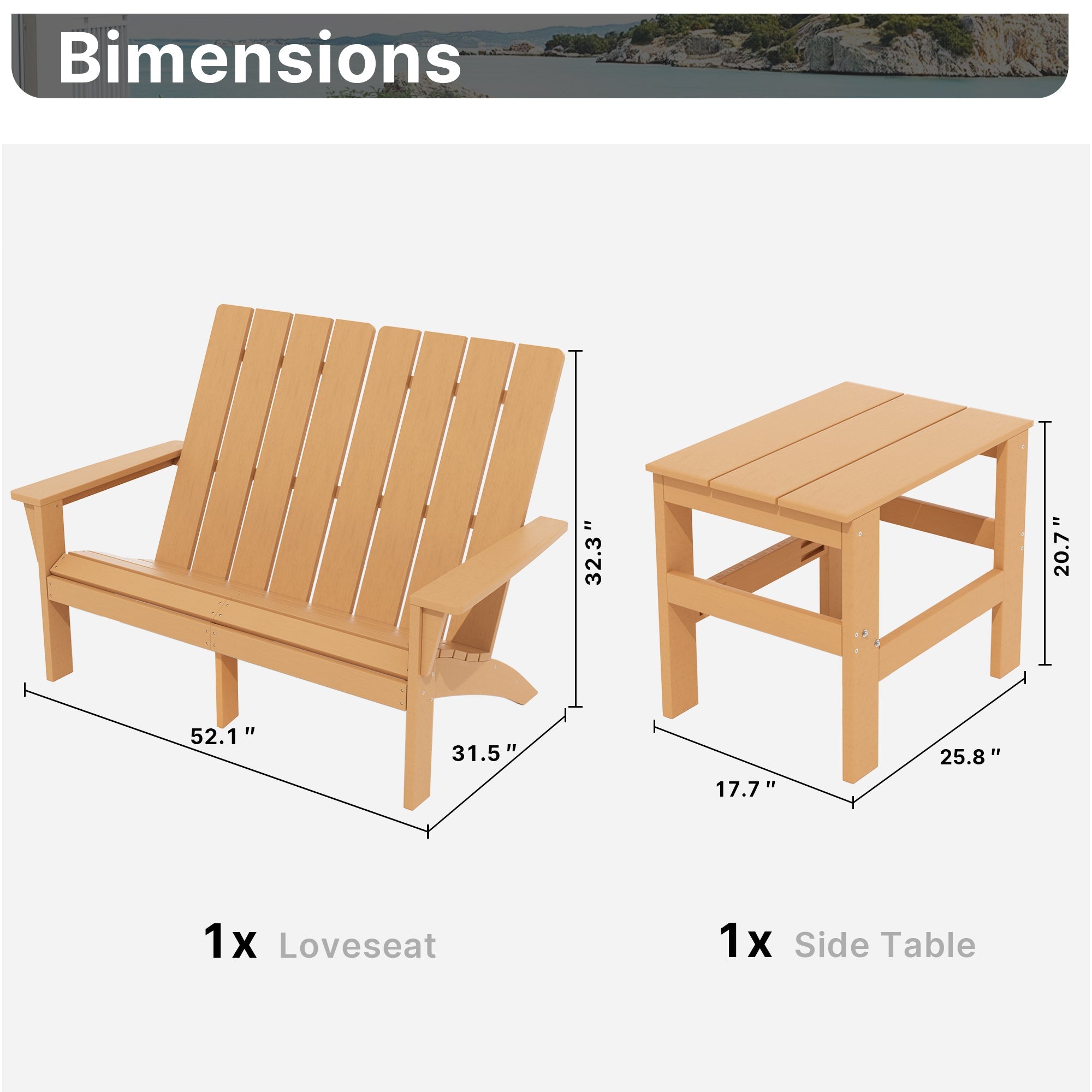 Gotland Adirondack Chair 3 Piece Set With Table, Heavy All-Weather HDPE.Outdoor Lounge Chair for Patio Deck Garden, Backyard Deck& Lawn