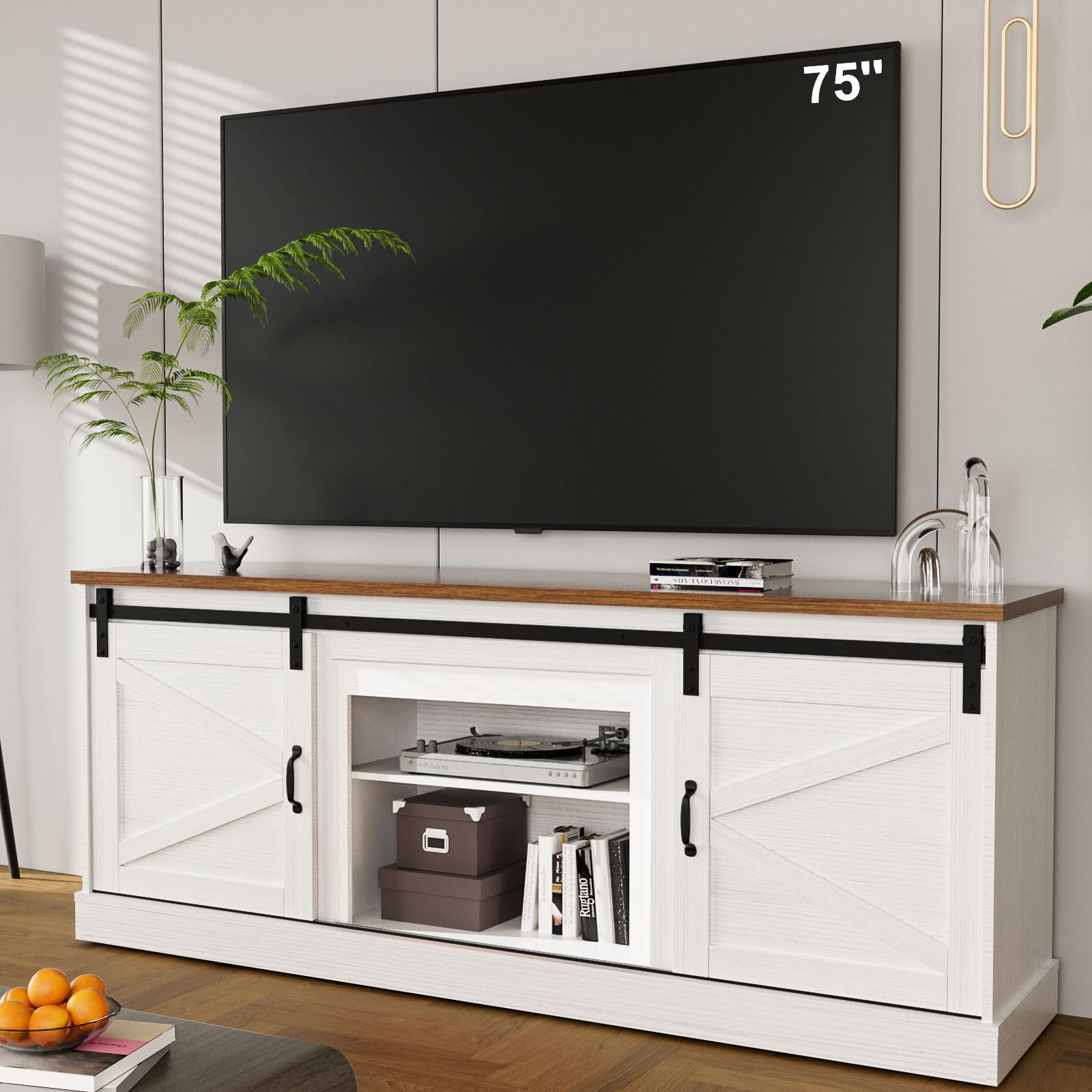 ALAULM 67" Farmhouse TV Stand with Sliding Barn Doors & Storage