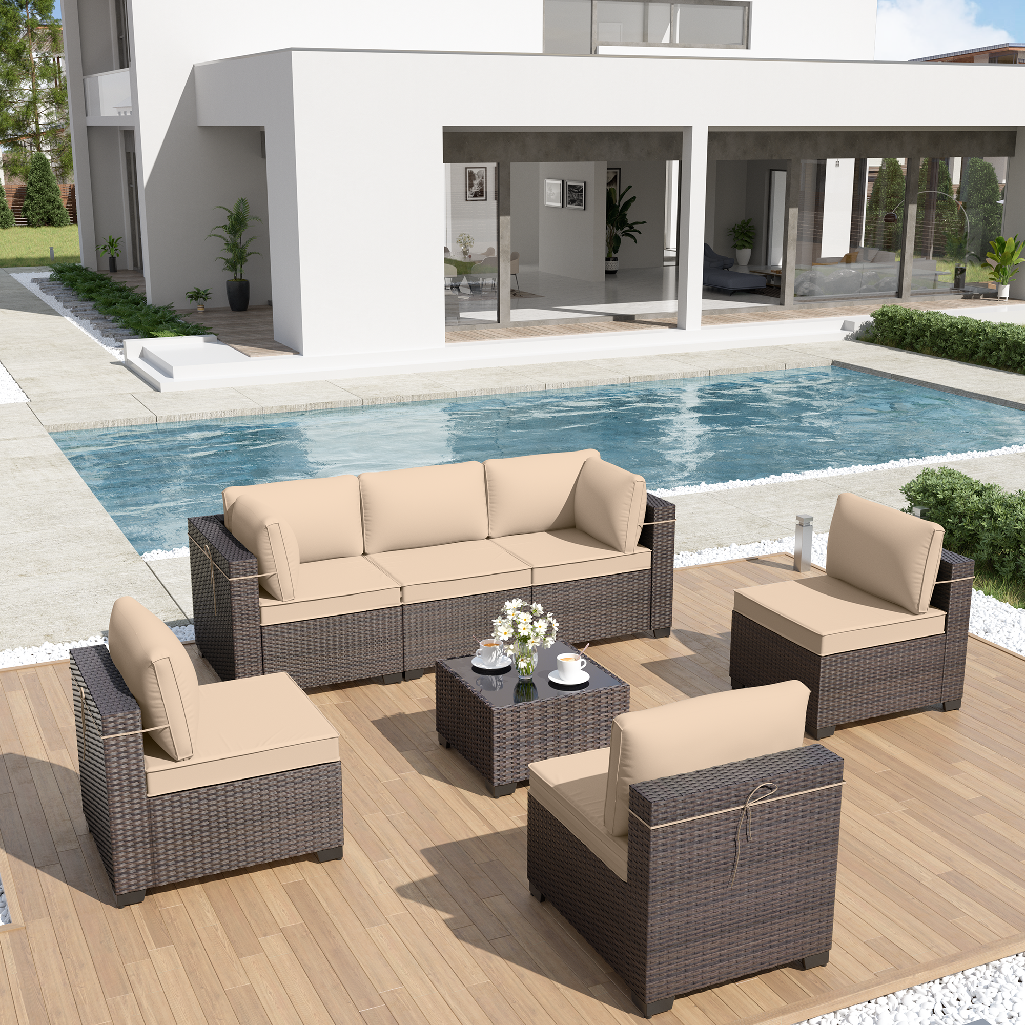 7 Pieces Outdoor Patio Furniture Set,Outdoor Sectional Furniture All Weather PE Rattan Wicker Patio Conversation Set with Coffee Table and 6 Thickened Cushions