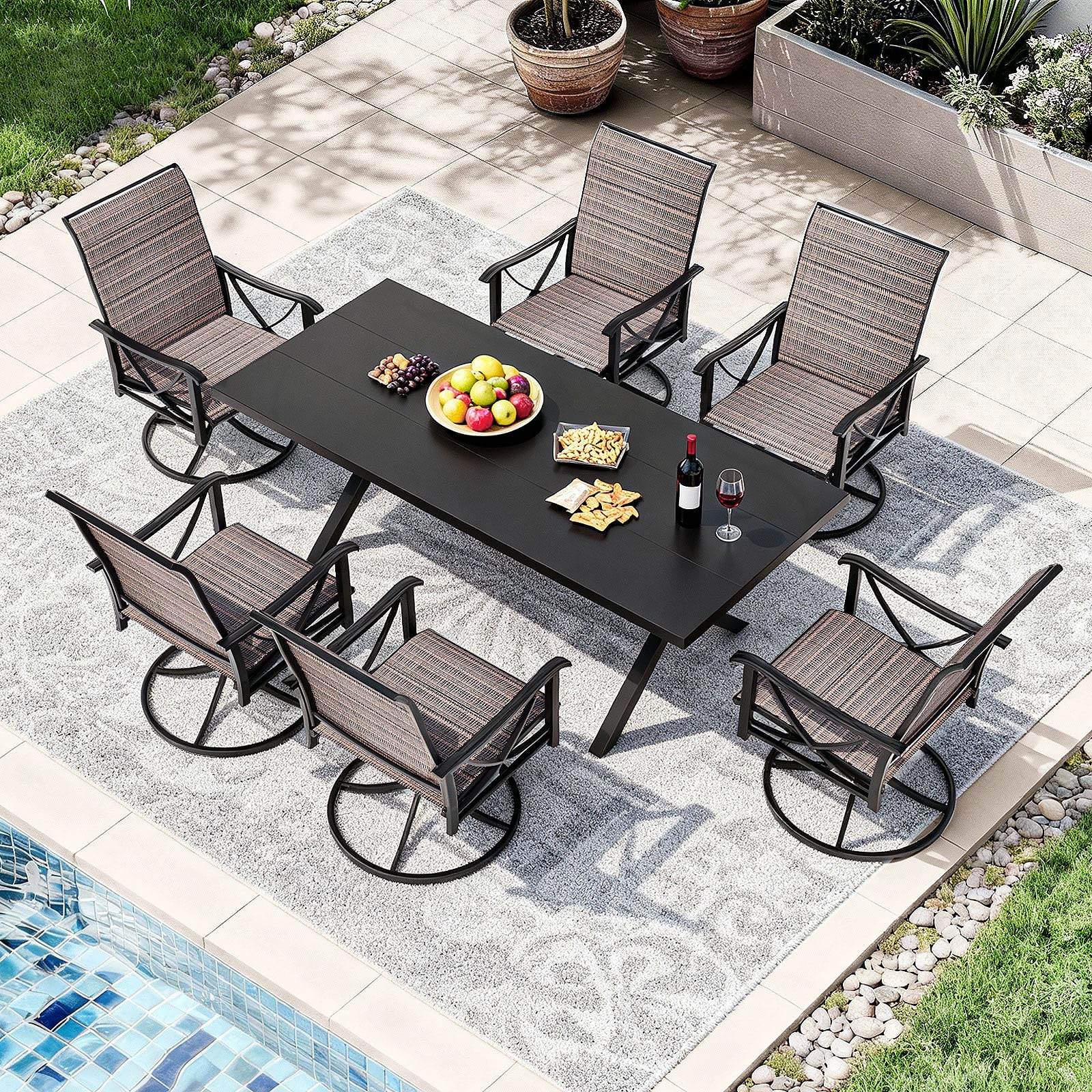 Gotland 7-Piece Patio Swivel Dining Set, Outdoor Chairs with Breathable Teslin Seat & Backrest, 360° Swivel Metal Frame Chairs, X-Leg Metal Table, Patio Dining Set for Garden Backyard,Brown