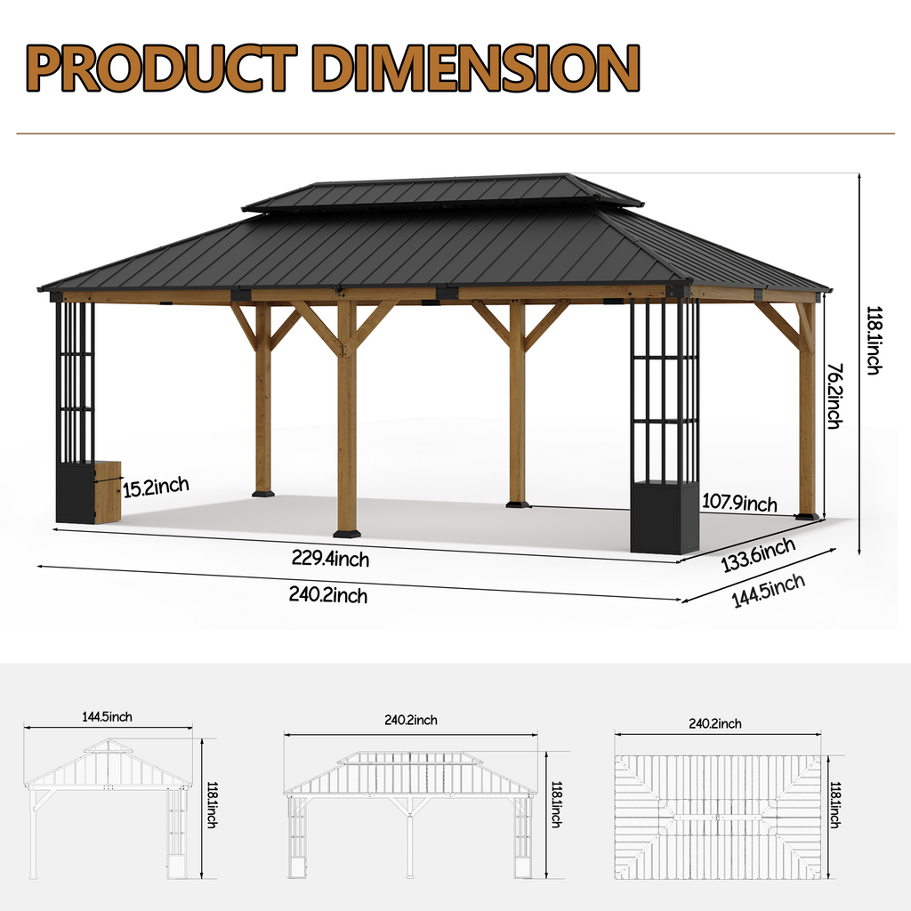Gotland 12' x 20' Hardtop Gazebo, Outdoor Galvanized Steel Double-Roof Gazebo with Curtains and Netting for Patios, Gardens, and Lawns