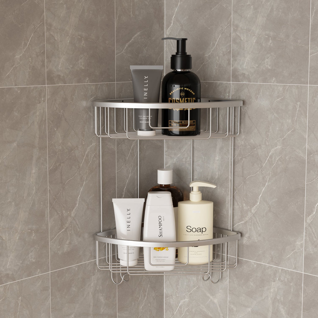ALAULM Aluminum Alloy Wall-Mounted Shower Corner Rack Triangular Storage Caddy for Bathroom,Matte Silver