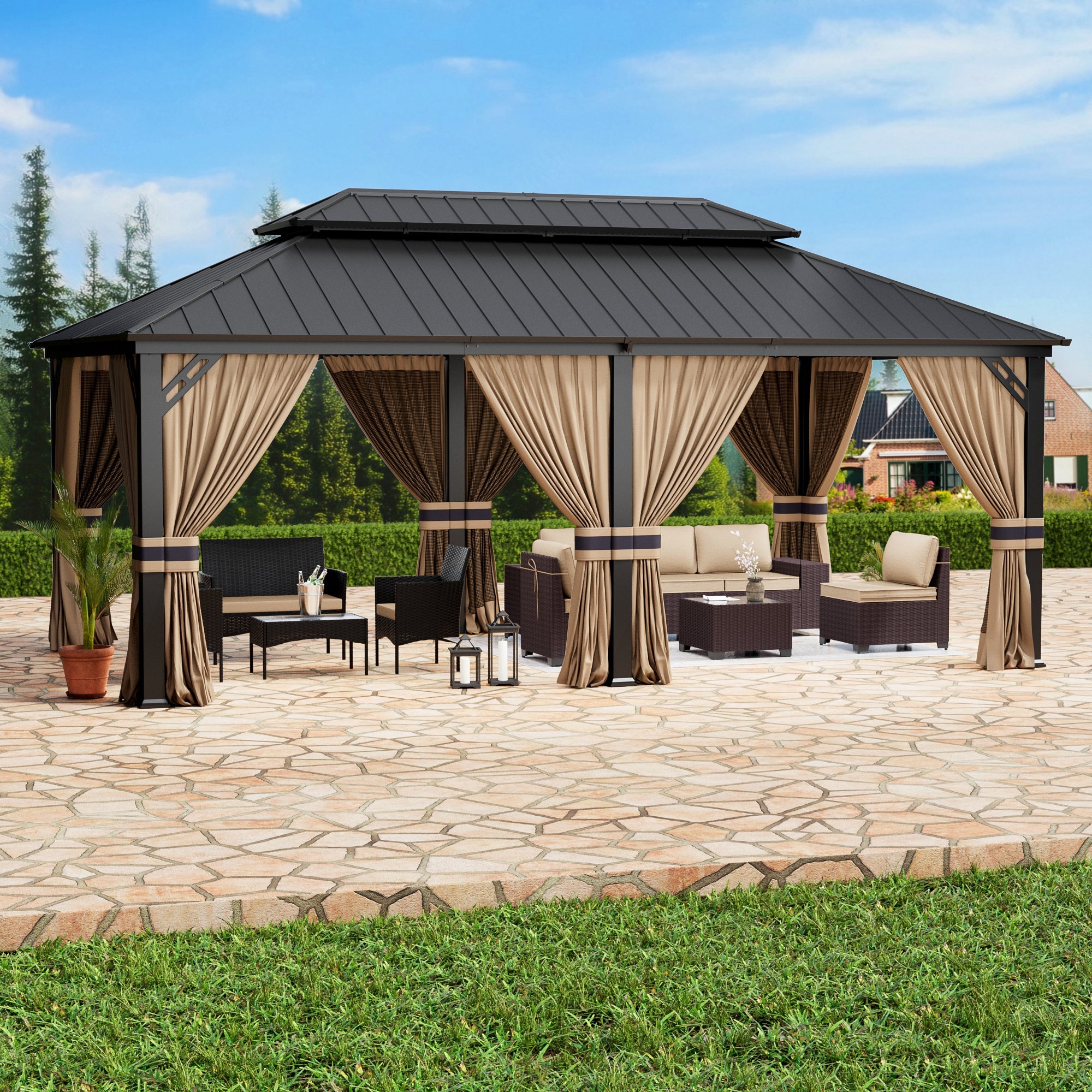 ASJMR Wall Mounted Gazebo with Polycarbonate Roof,Metal Frame Lean to Gazebo With Double Curtains for Garden Lawn Backyard Deck