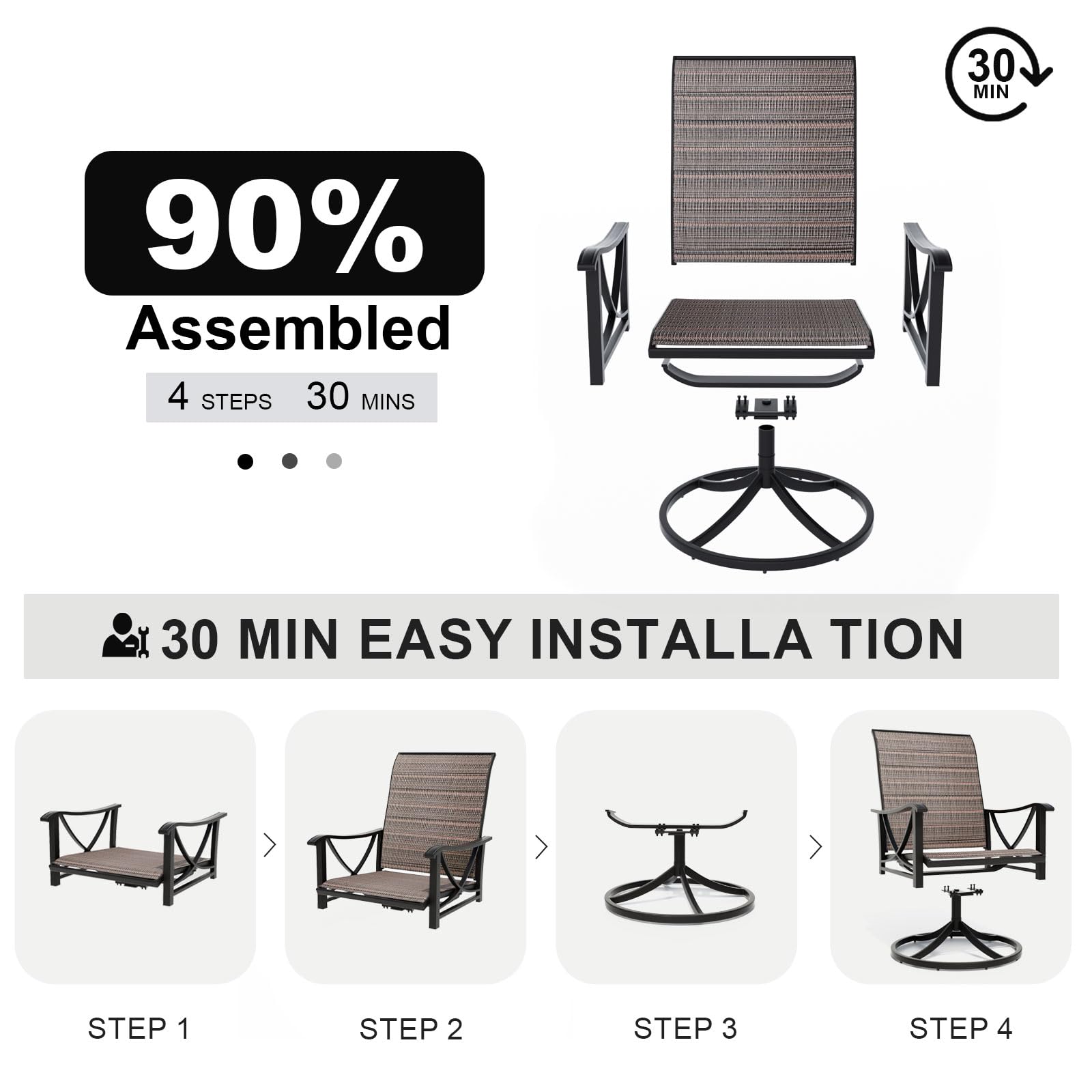 Gotland 7-Piece Patio Swivel Dining Set, Outdoor Chairs with Breathable Teslin Seat & Backrest, 360° Swivel Metal Frame Chairs, X-Leg Metal Table, Patio Dining Set for Garden Backyard,Brown