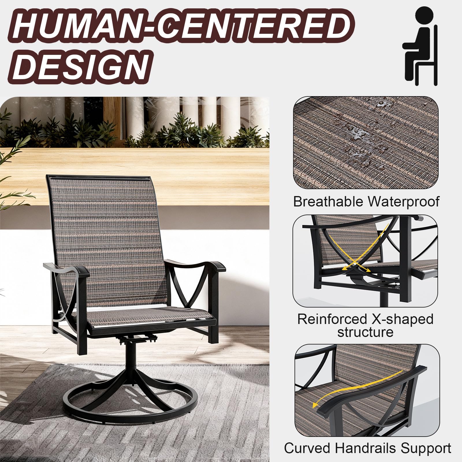 Gotland 7-Piece Patio Swivel Dining Set, Outdoor Chairs with Breathable Teslin Seat & Backrest, 360° Swivel Metal Frame Chairs, X-Leg Metal Table, Patio Dining Set for Garden Backyard,Brown