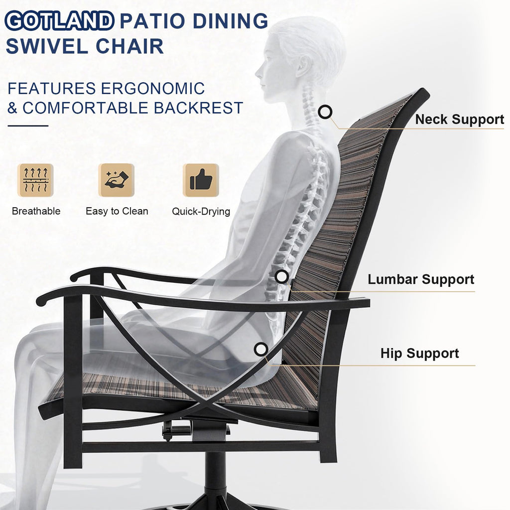 Gotland 7-Piece Patio Swivel Dining Set, Outdoor Chairs with Breathable Teslin Seat & Backrest, 360° Swivel Metal Frame Chairs, X-Leg Metal Table, Patio Dining Set for Garden Backyard,Brown