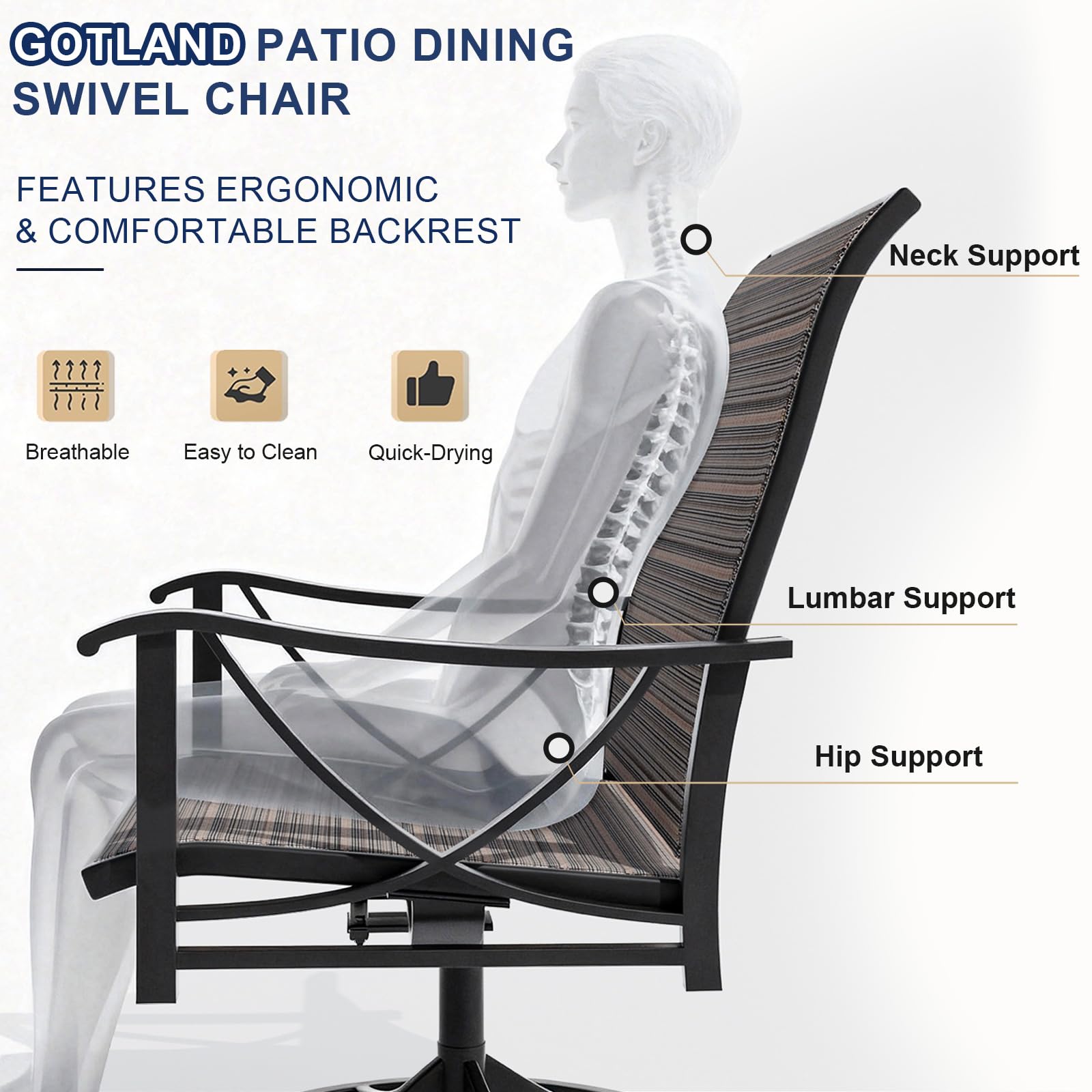 Gotland 7-Piece Patio Swivel Dining Set, Outdoor Chairs with Breathable Teslin Seat & Backrest, 360° Swivel Metal Frame Chairs, X-Leg Metal Table, Patio Dining Set for Garden Backyard,Brown