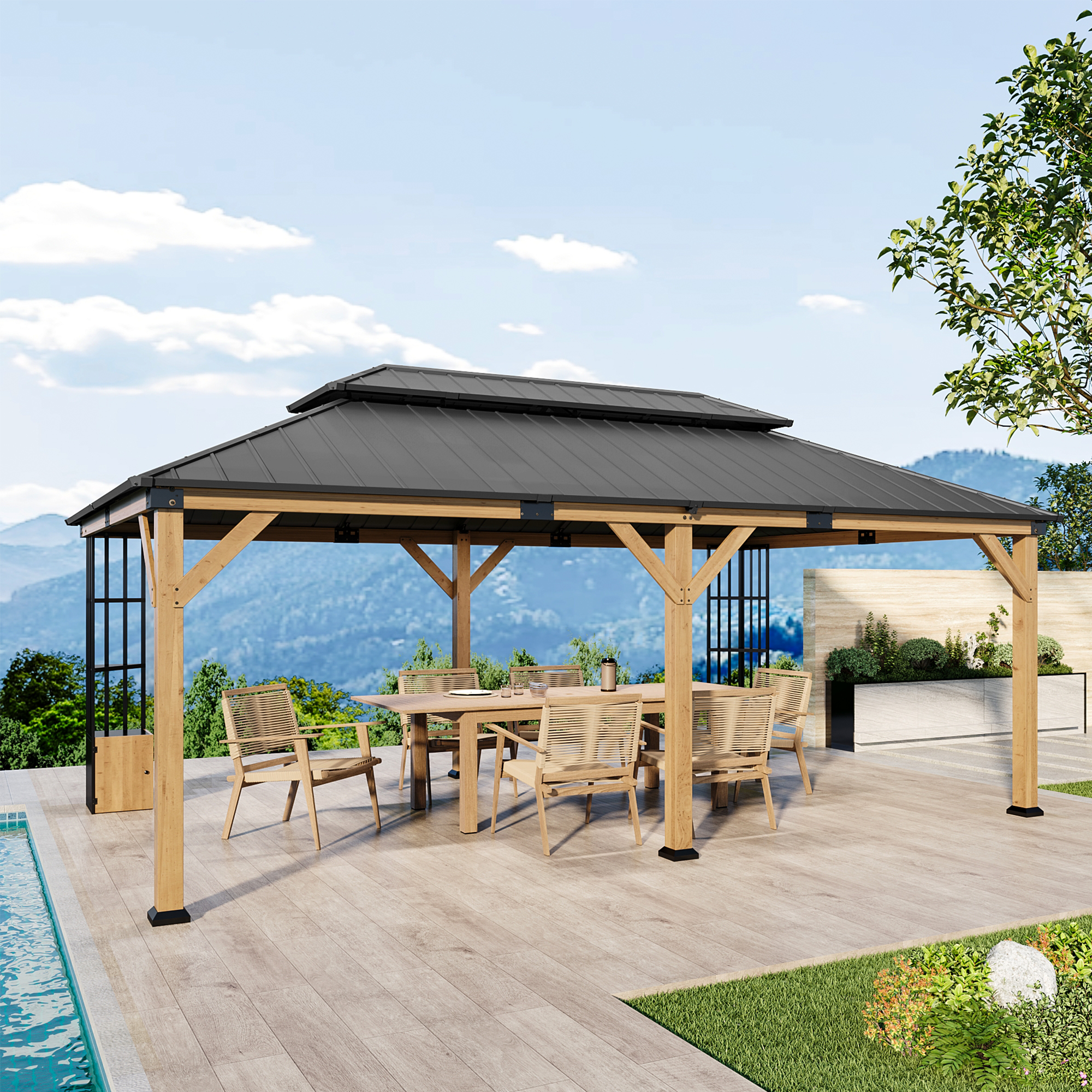 Gotland 12' x 20' Hardtop Gazebo, Outdoor Galvanized Steel Double-Roof Gazebo with Curtains and Netting for Patios, Gardens, and Lawns