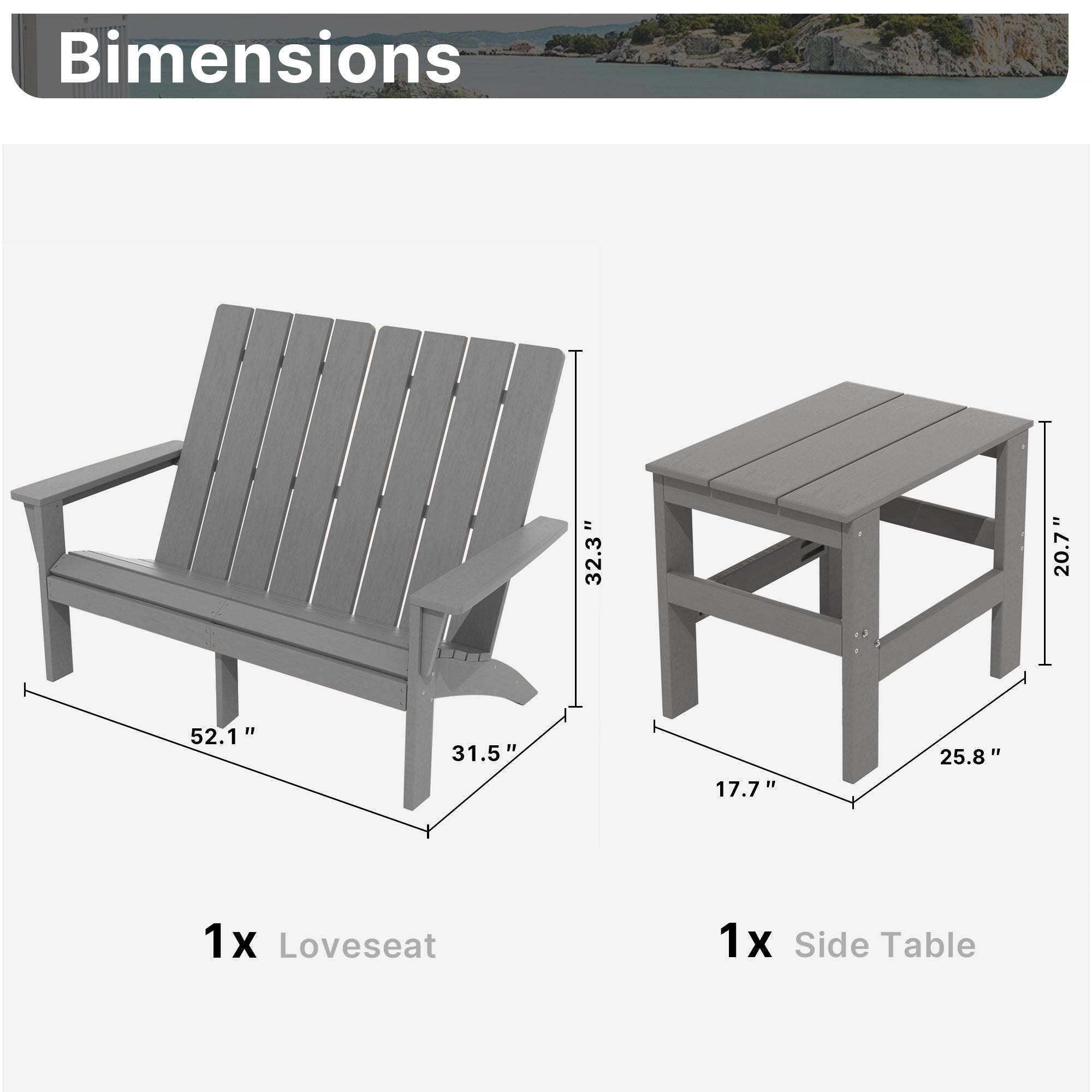 Gotland Adirondack Chair 3 Piece Set With Table, Heavy All-Weather HDPE.Outdoor Lounge Chair for Patio Deck Garden, Backyard Deck& Lawn
