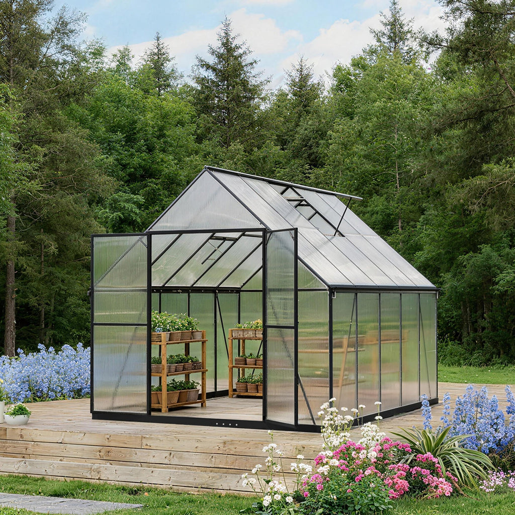 ALAULM Outdoor Polycarbonate Greenhouse with Aluminium Frame, Walk-in Greenhouse with Drainage Channel, 2 Adjustable Roof Vents, Lockable Double Doors for Garden Backyard Patio Lawn