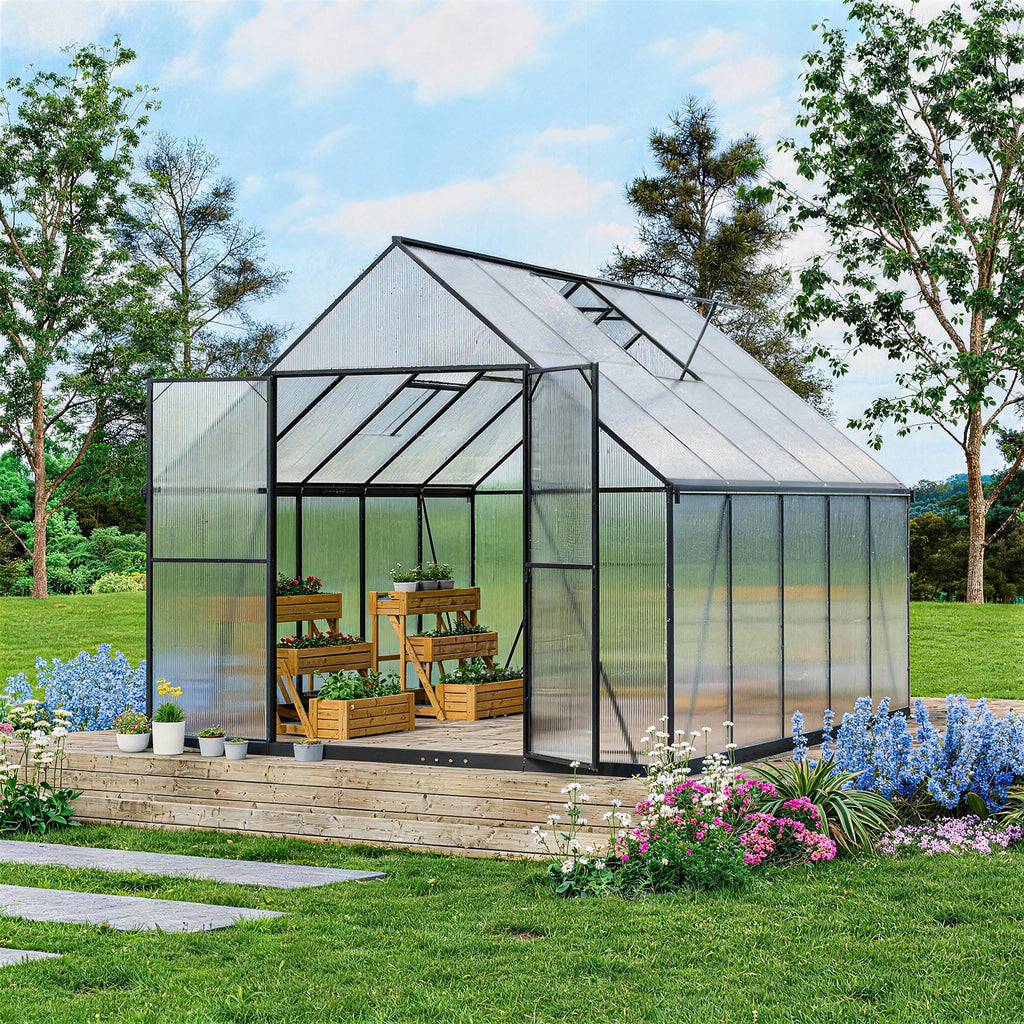 ALAULM Outdoor Polycarbonate Greenhouse with Aluminium Frame, Walk-in Greenhouse with Drainage Channel, 2 Adjustable Roof Vents, Lockable Double Doors for Garden Backyard Patio Lawn